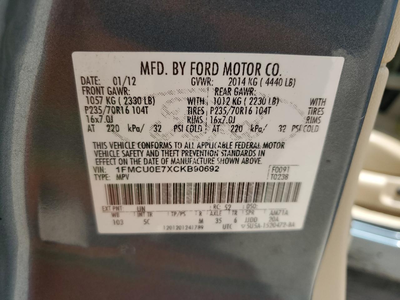 2012 Ford Escape Limited VIN: 1FMCU0E7XCKB90692 Lot: 64839344