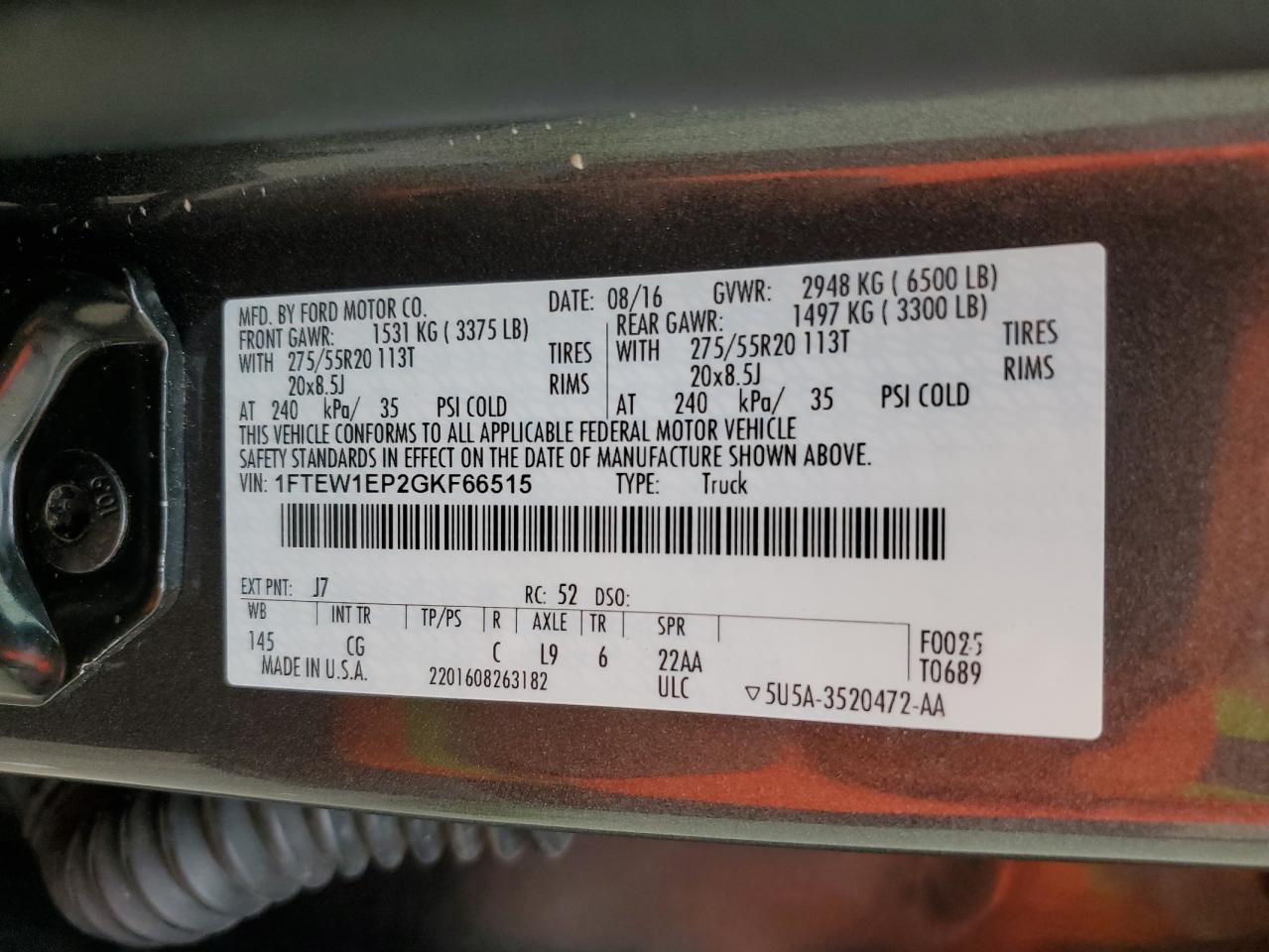 2016 Ford F150 Supercrew VIN: 1FTEW1EP2GKF66515 Lot: 63893834