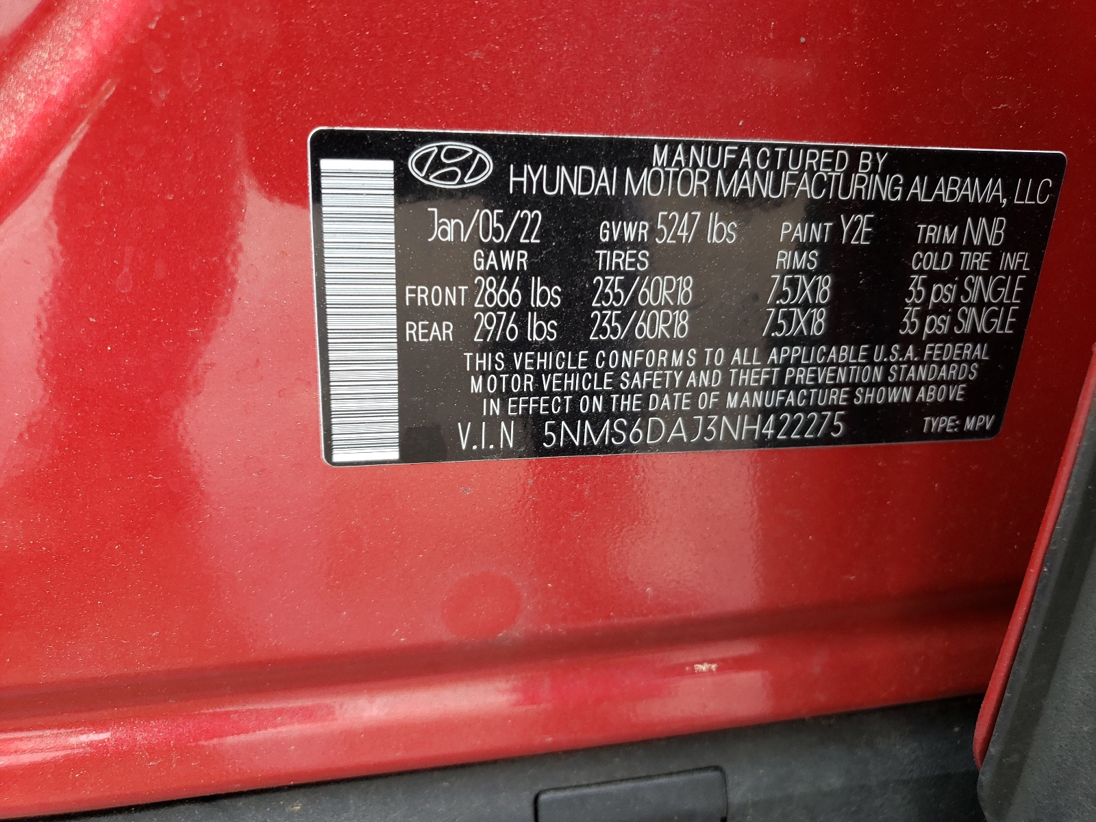 5NMS6DAJ3NH422275 2022 Hyundai Santa Fe Sel