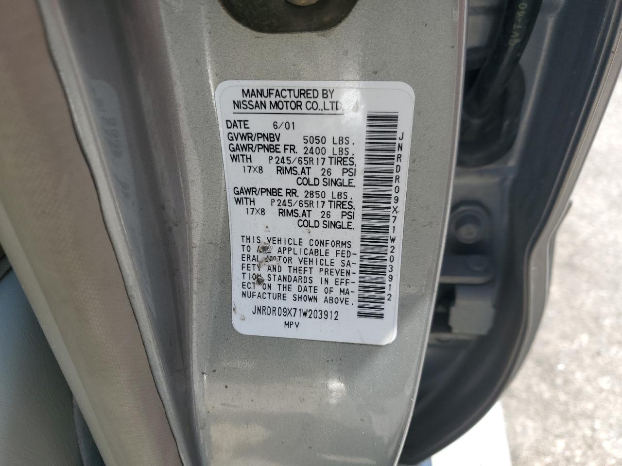 2001 Infiniti Qx4 VIN: JNRDR09X71W203912 Lot: 62183944