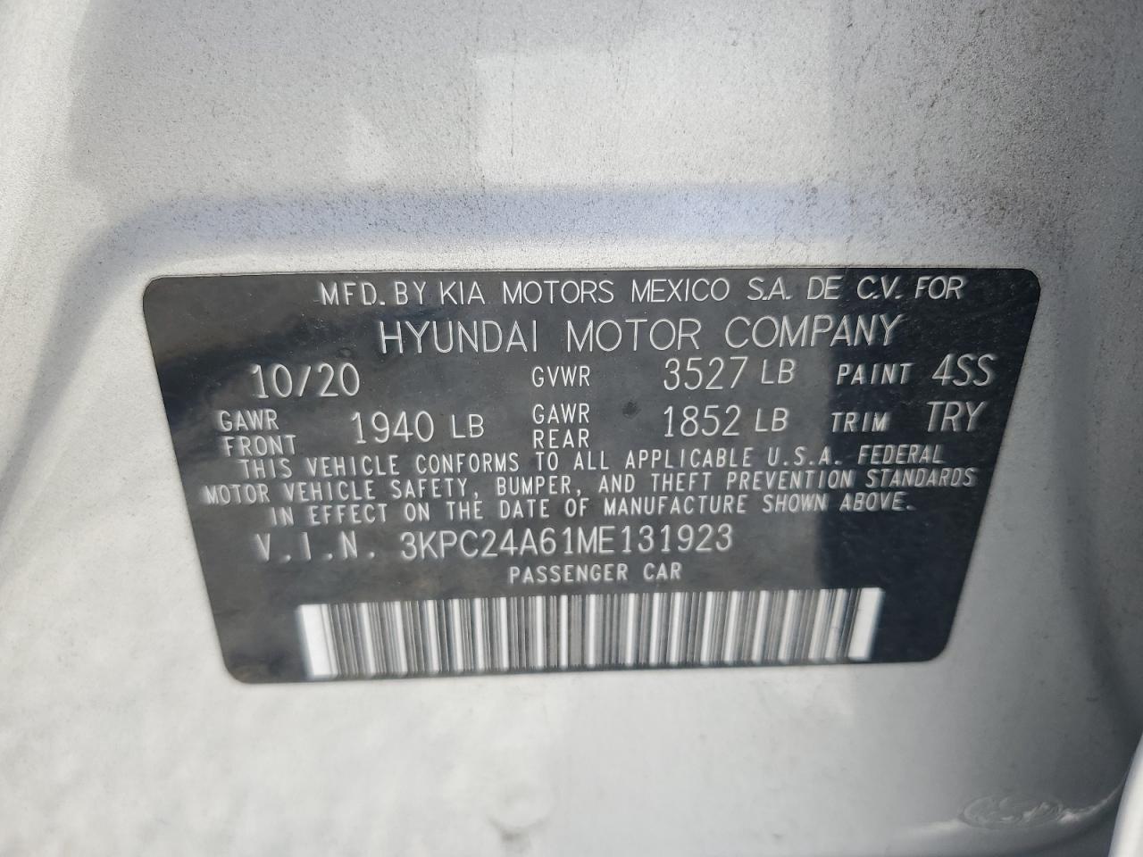 2021 Hyundai Accent Se VIN: 3KPC24A61ME131923 Lot: 62337874