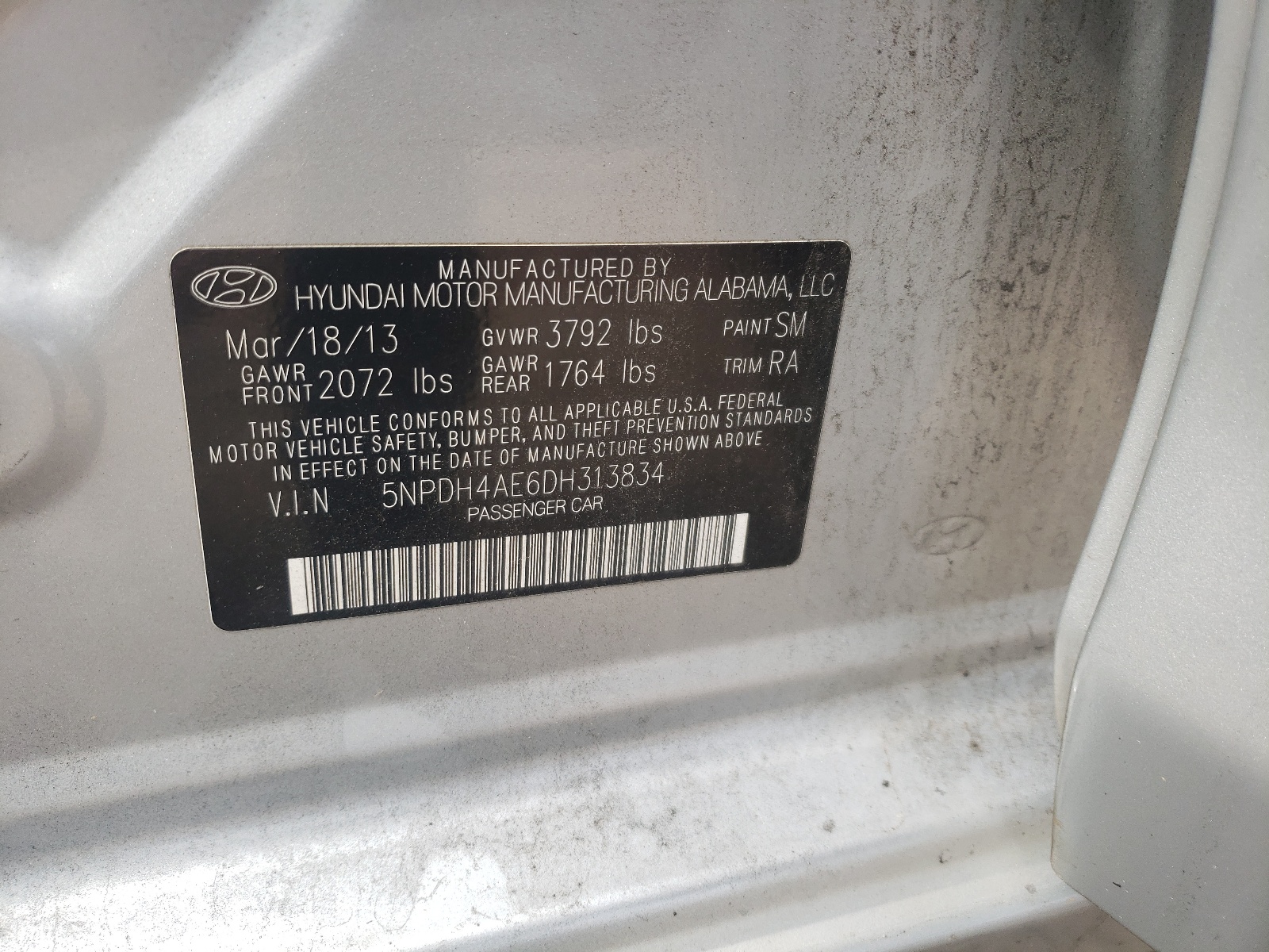 5NPDH4AE6DH313834 2013 Hyundai Elantra Gls