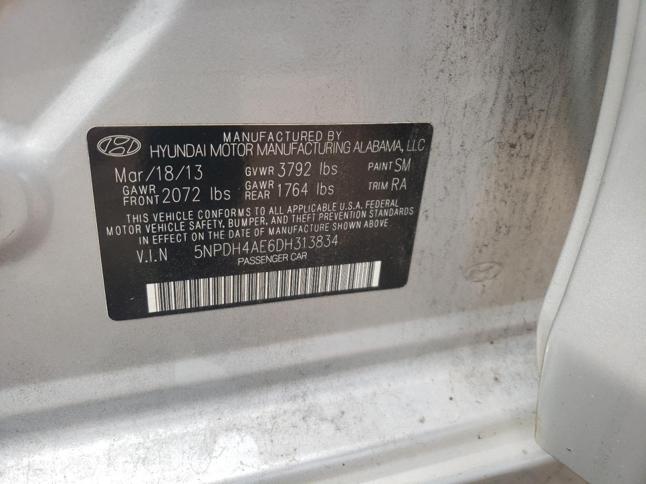 2013 Hyundai Elantra Gls VIN: 5NPDH4AE6DH313834 Lot: 65383284