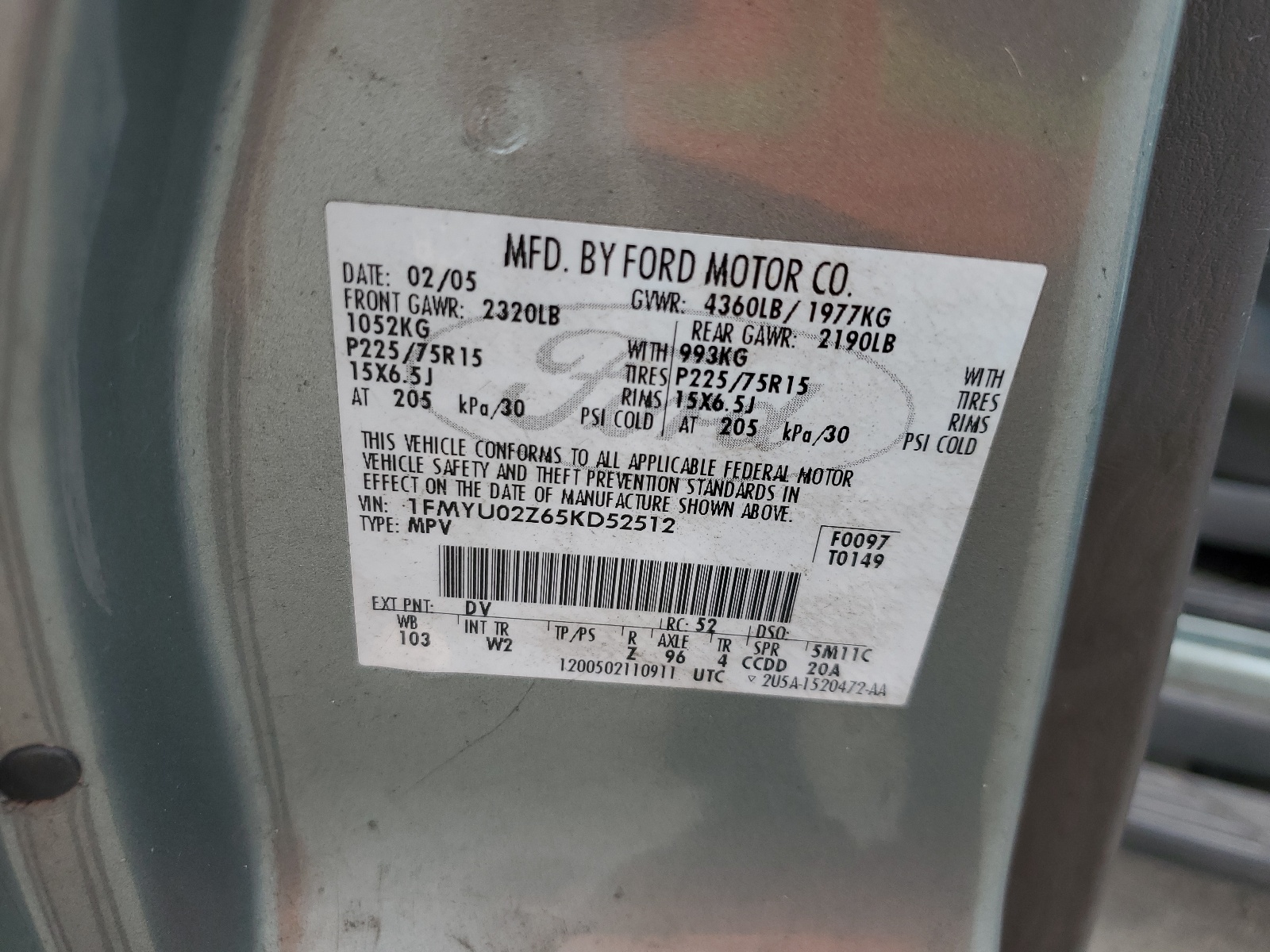 1FMYU02Z65KD52512 2005 Ford Escape Xls