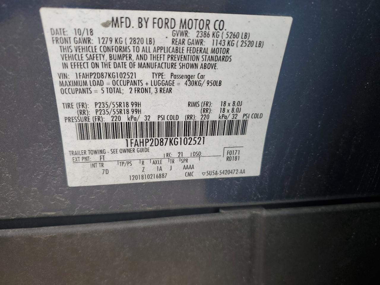 2019 Ford Taurus Se VIN: 1FAHP2D87KG102521 Lot: 63695404