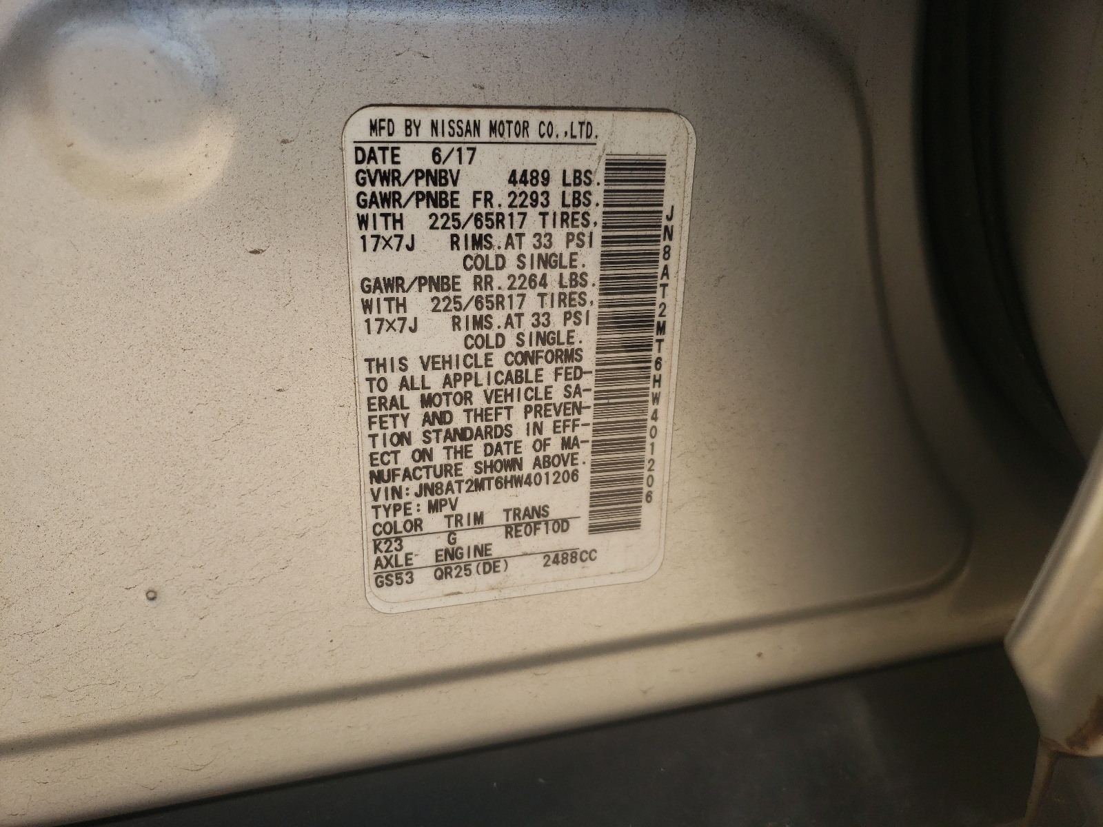 JN8AT2MT6HW401206 2017 Nissan Rogue S