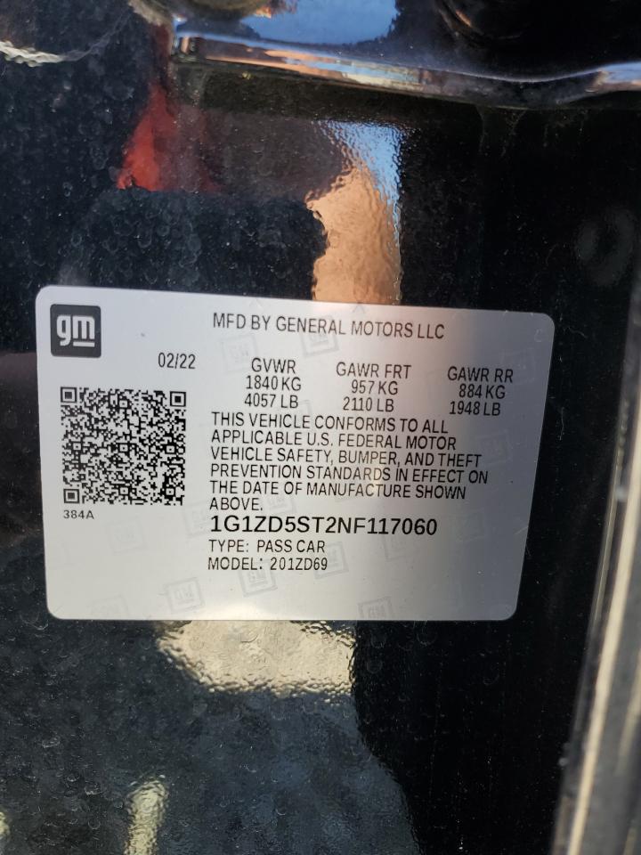 2022 Chevrolet Malibu Lt VIN: 1G1ZD5ST2NF117060 Lot: 61459014