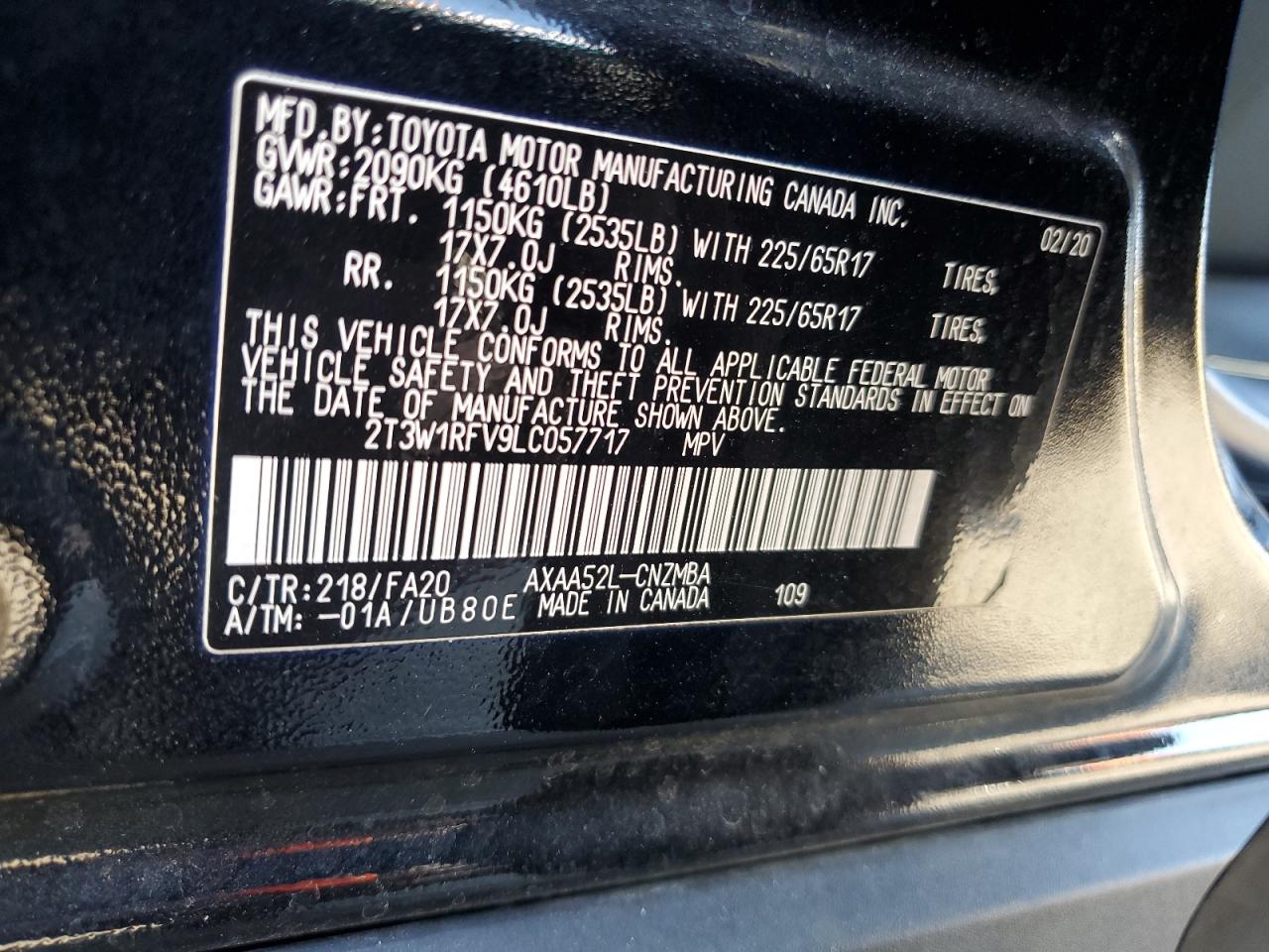 2T3W1RFV9LC057717 2020 Toyota Rav4 Xle