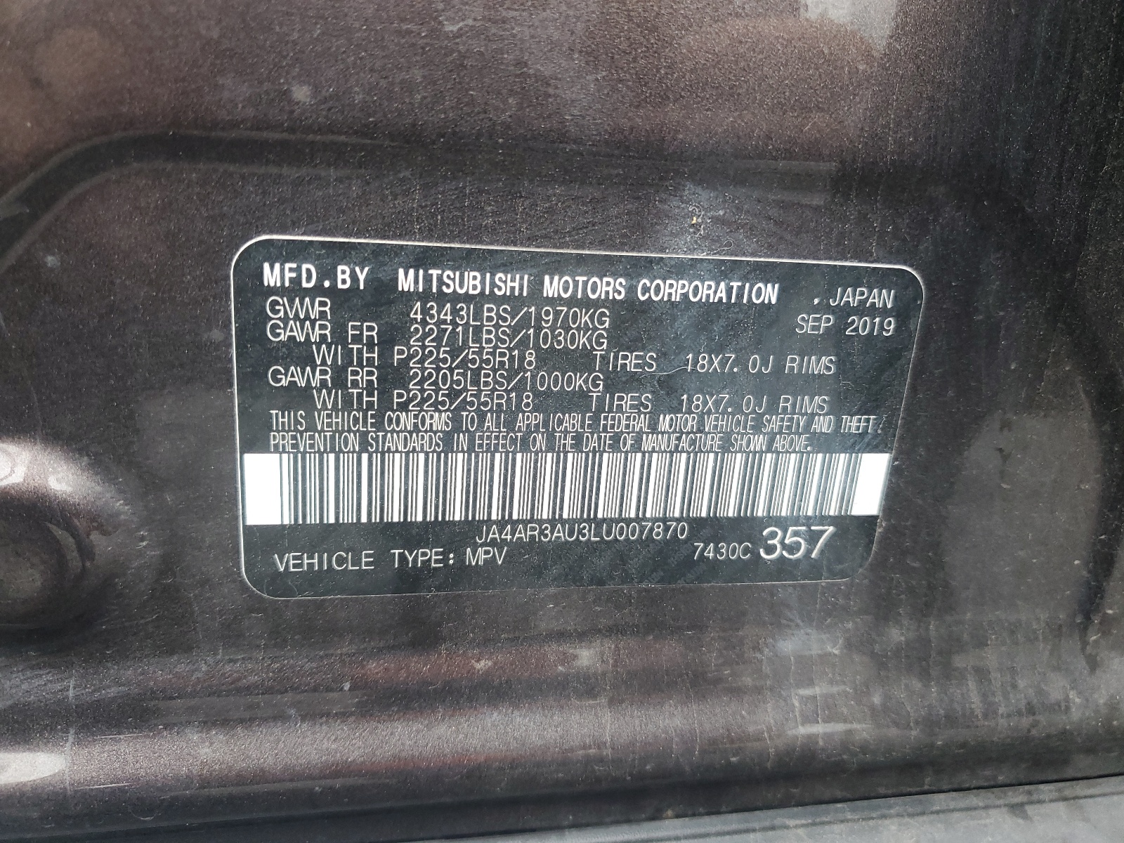 JA4AR3AU3LU007870 2020 Mitsubishi Outlander Sport Es