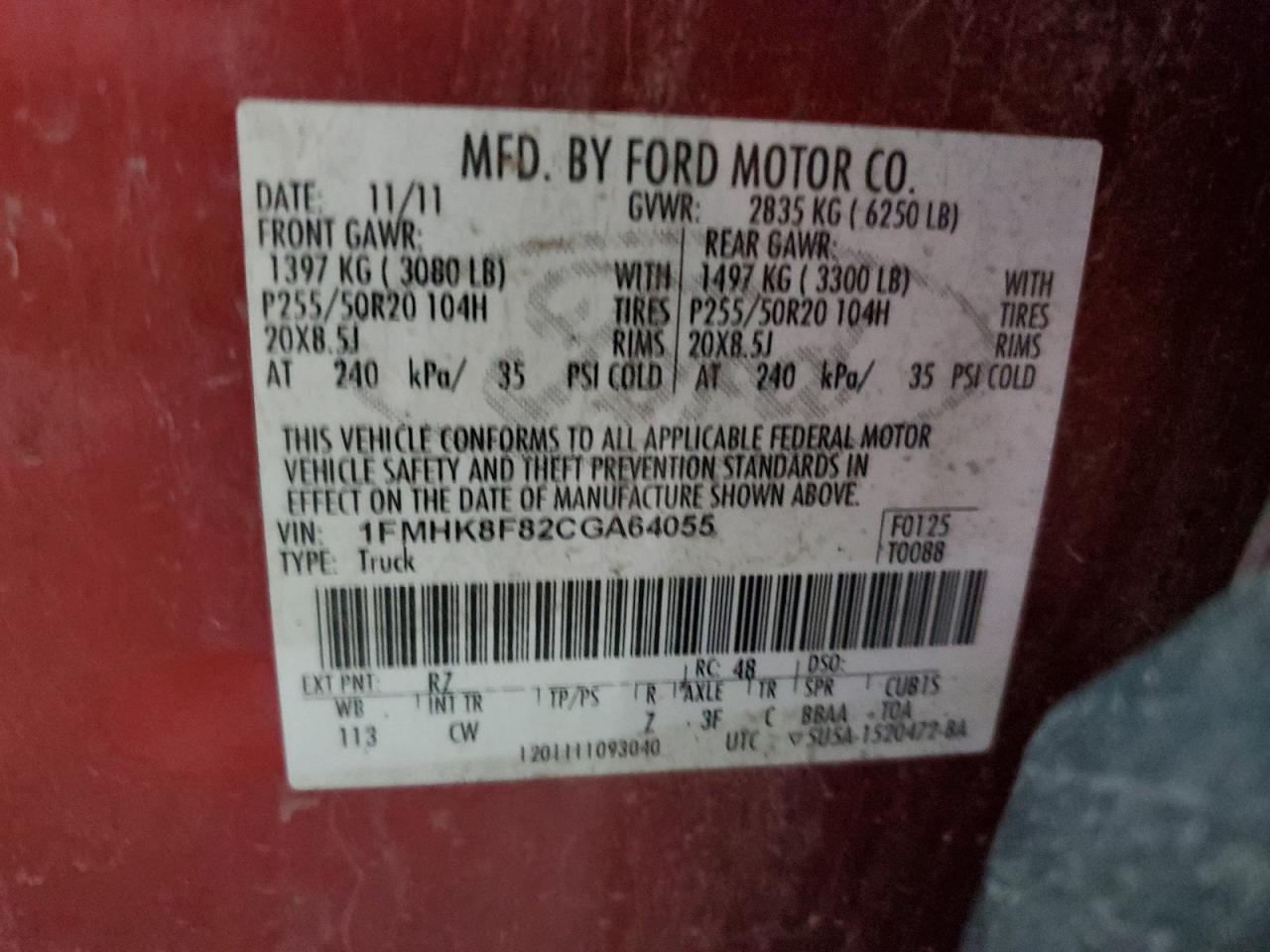 2012 Ford Explorer Limited VIN: 1FMHK8F82CGA64055 Lot: 62064334