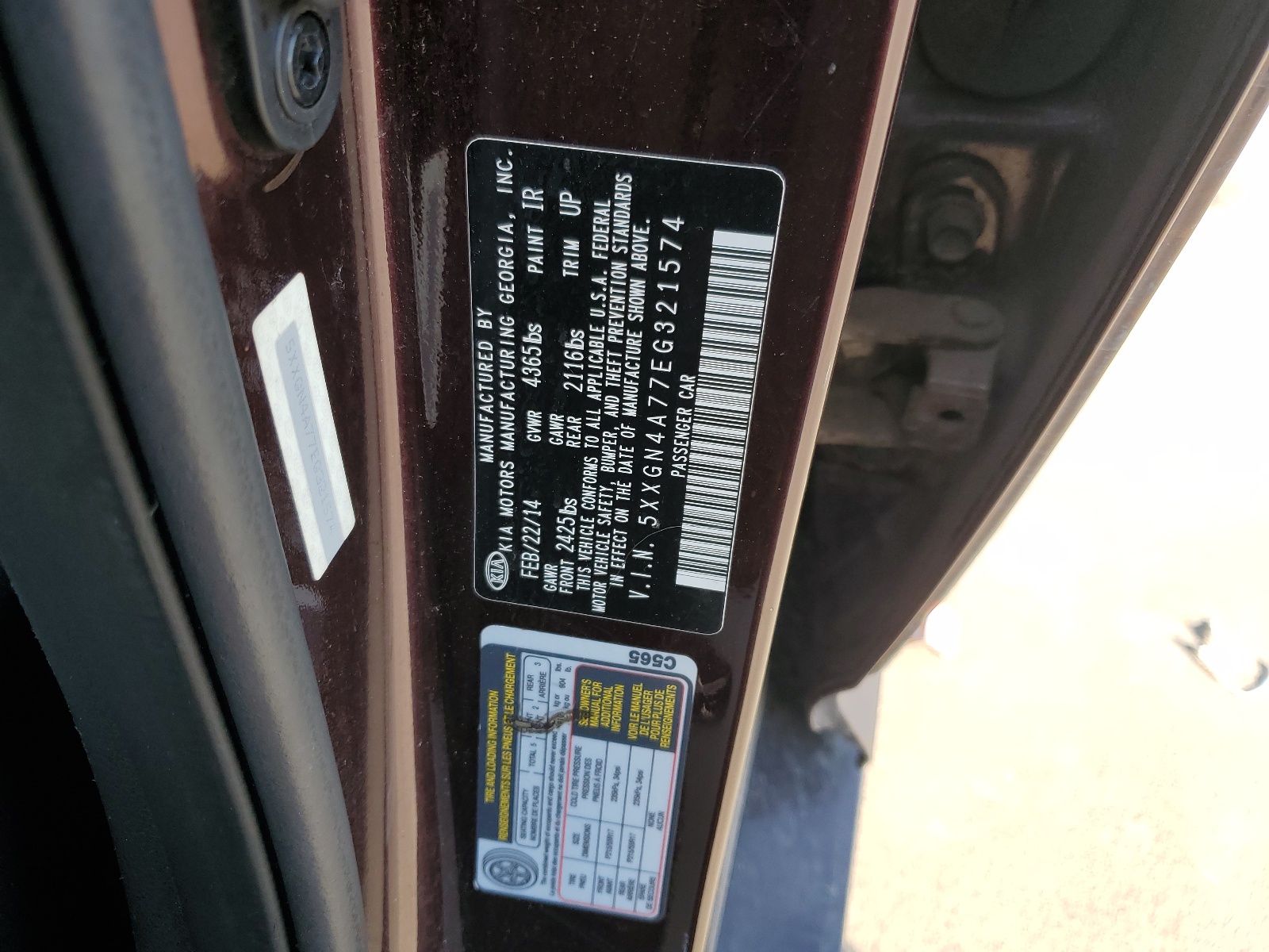 5XXGN4A77EG321574 2014 Kia Optima Ex