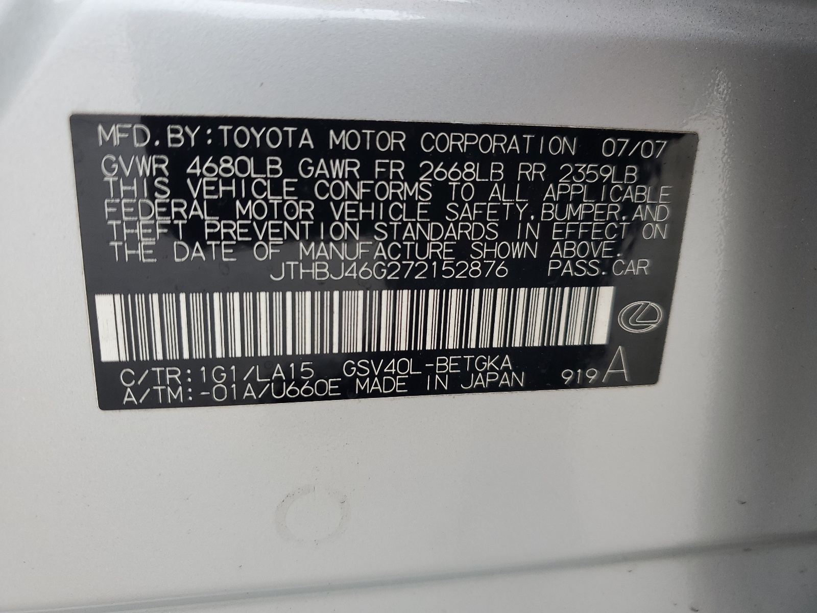 JTHBJ46G272152876 2007 Lexus Es 350