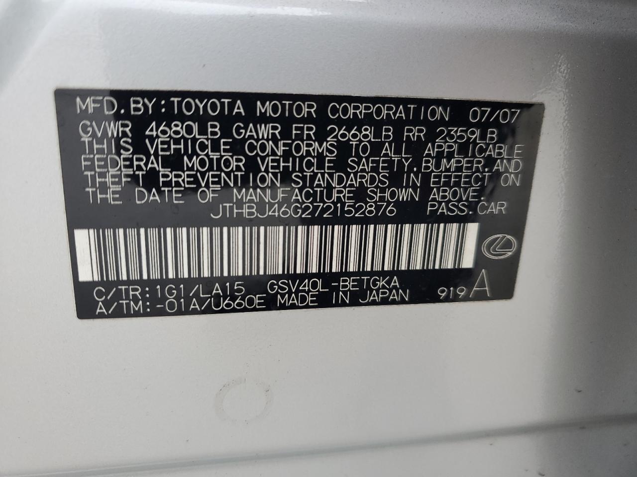 2007 Lexus Es 350 VIN: JTHBJ46G272152876 Lot: 63709834