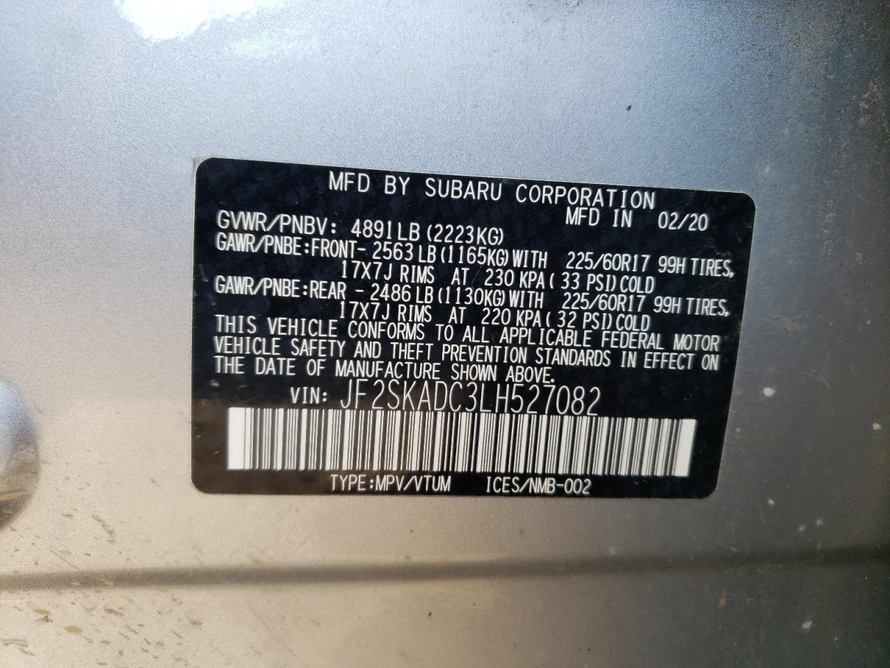 2020 Subaru Forester VIN: JF2SKADC3LH527082 Lot: 63307084