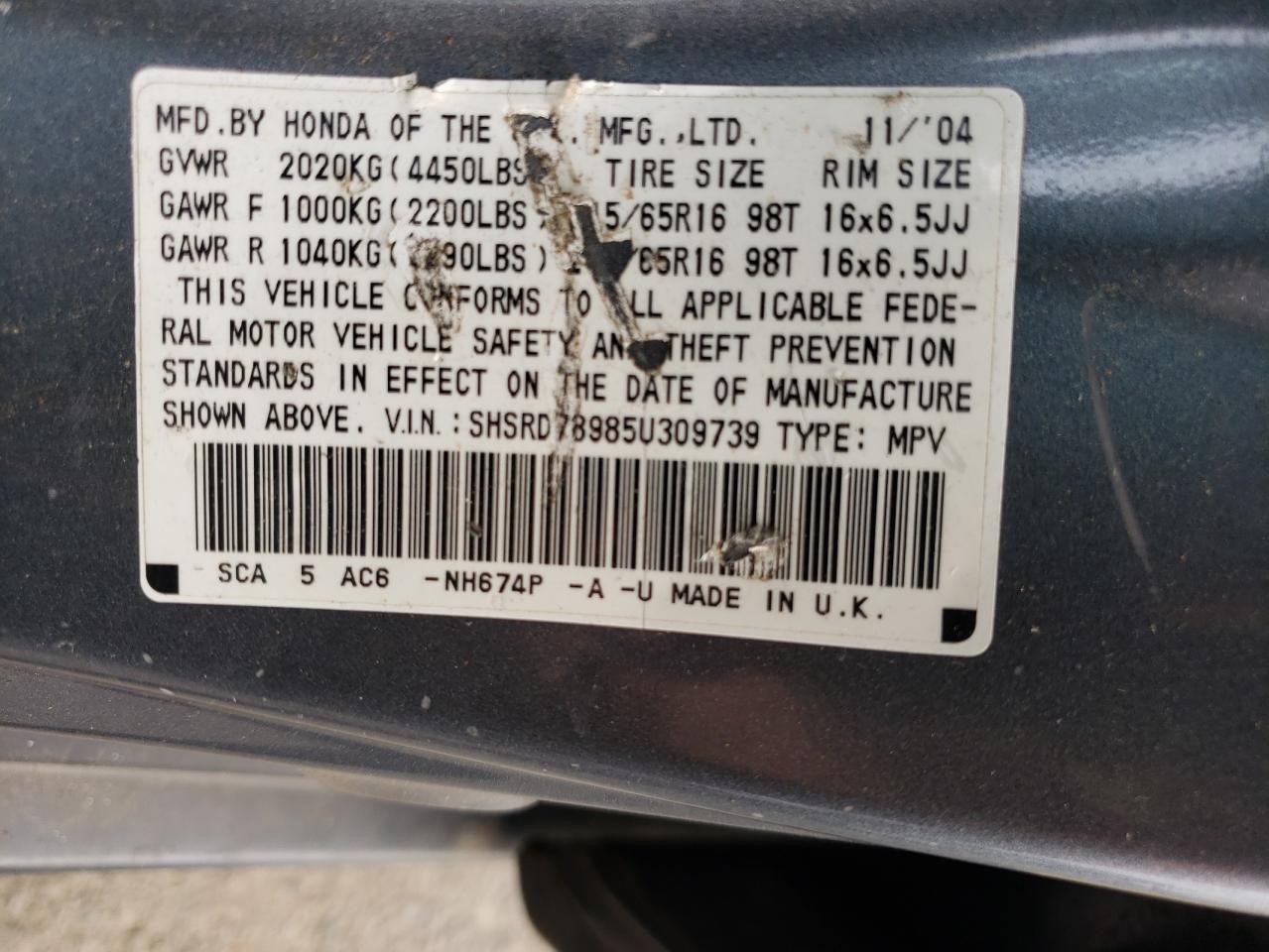 2005 Honda Cr-V Se VIN: SHSRD78985U309739 Lot: 64868054