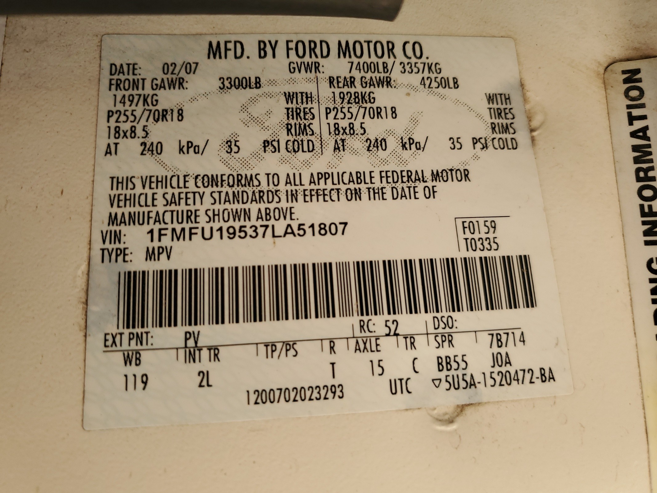 1FMFU19537LA51807 2007 Ford Expedition Limited