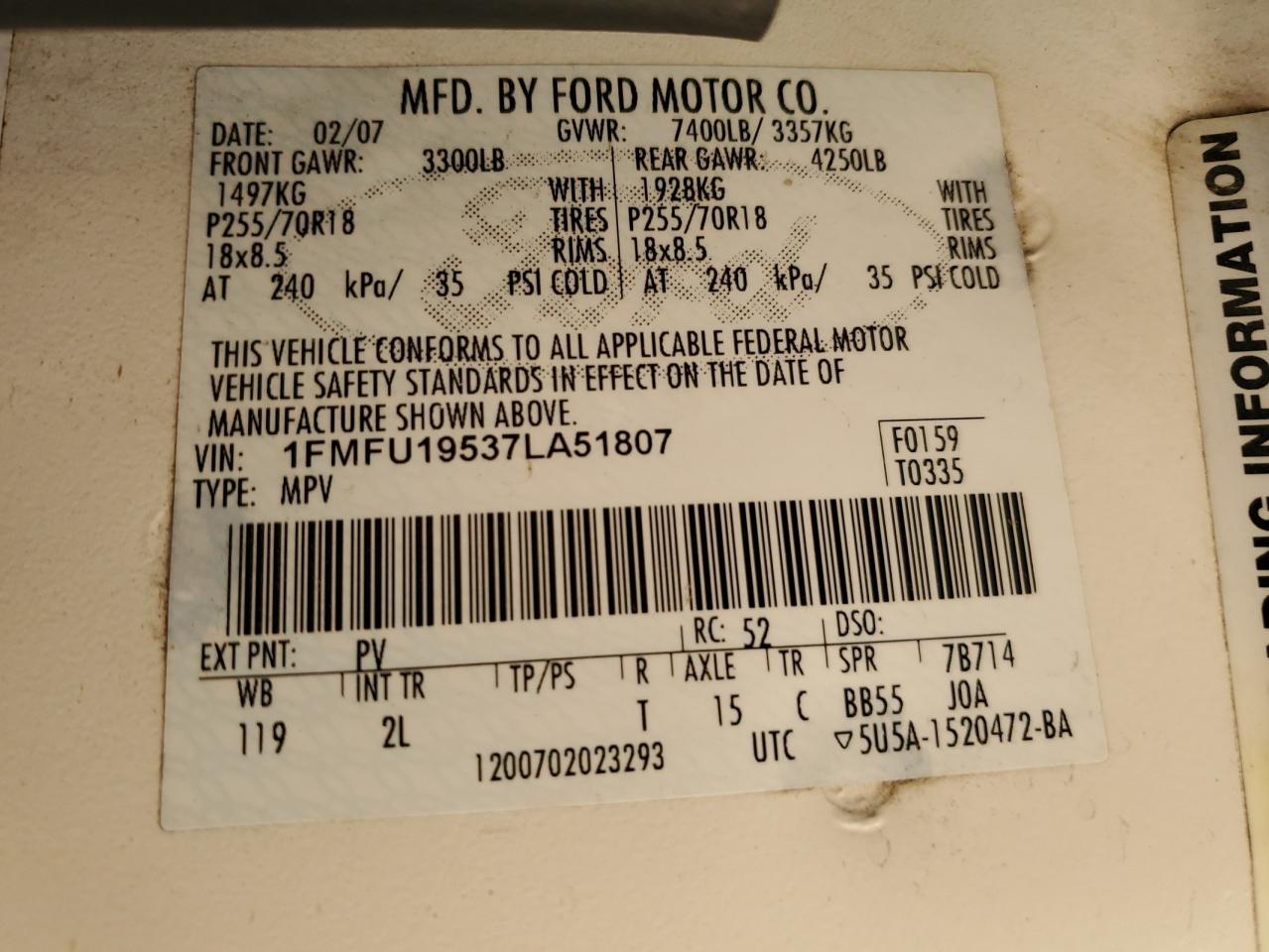 2007 Ford Expedition Limited VIN: 1FMFU19537LA51807 Lot: 62060274