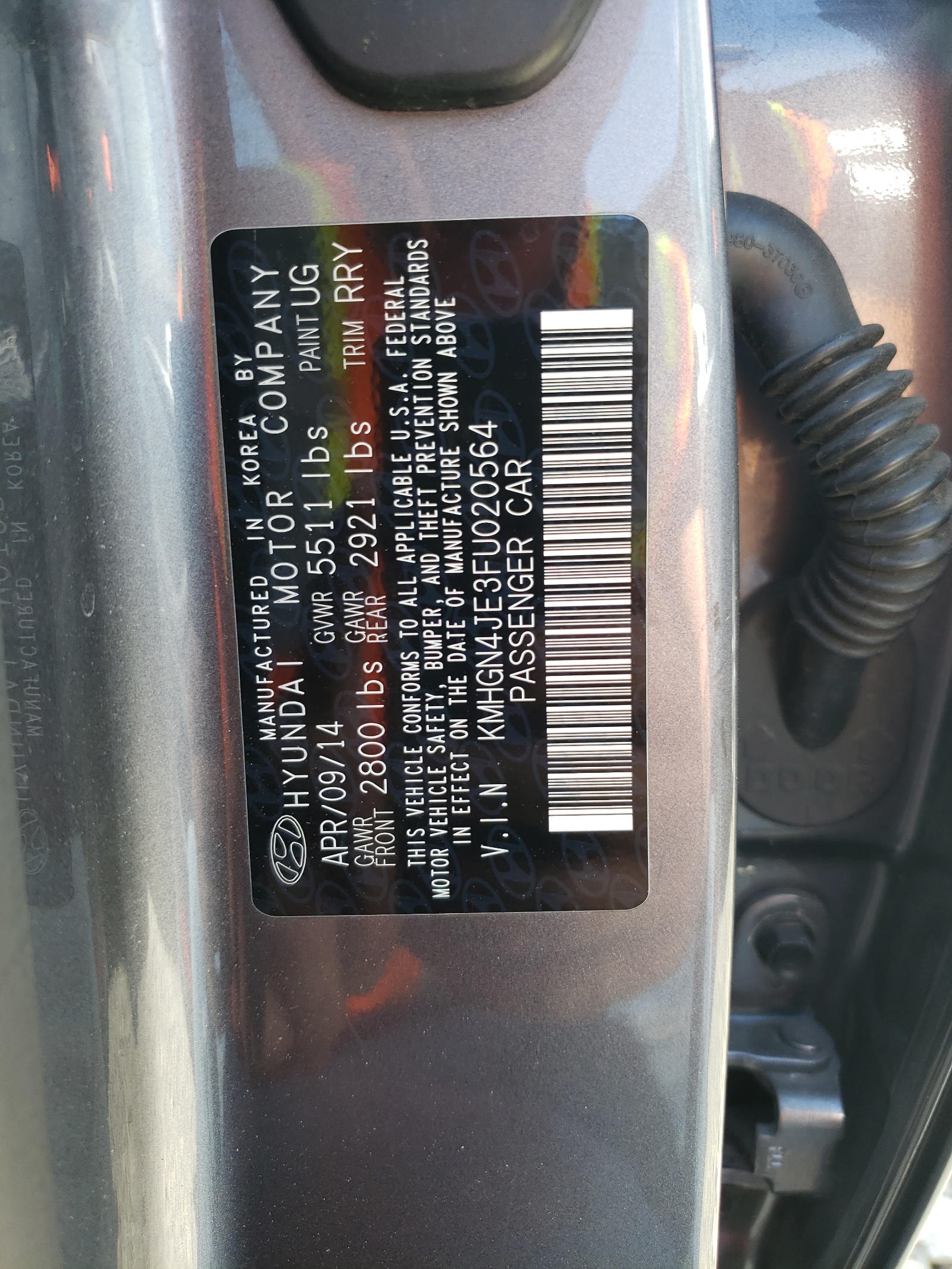 KMHGN4JE3FU020564 2015 Hyundai Genesis 3.8L