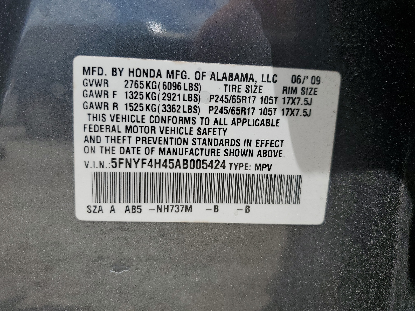 5FNYF4H45AB005424 2010 Honda Pilot Ex