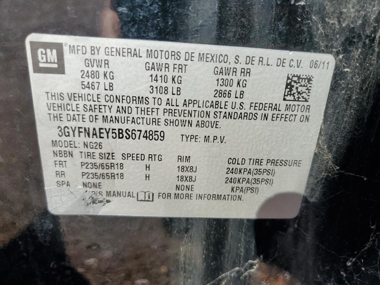 2011 Cadillac Srx Luxury Collection VIN: 3GYFNAEY5BS674859 Lot: 62060754