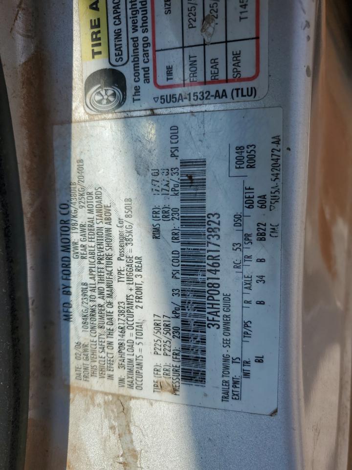 2006 Ford Fusion Sel VIN: 3FAHP08146R173823 Lot: 64080894