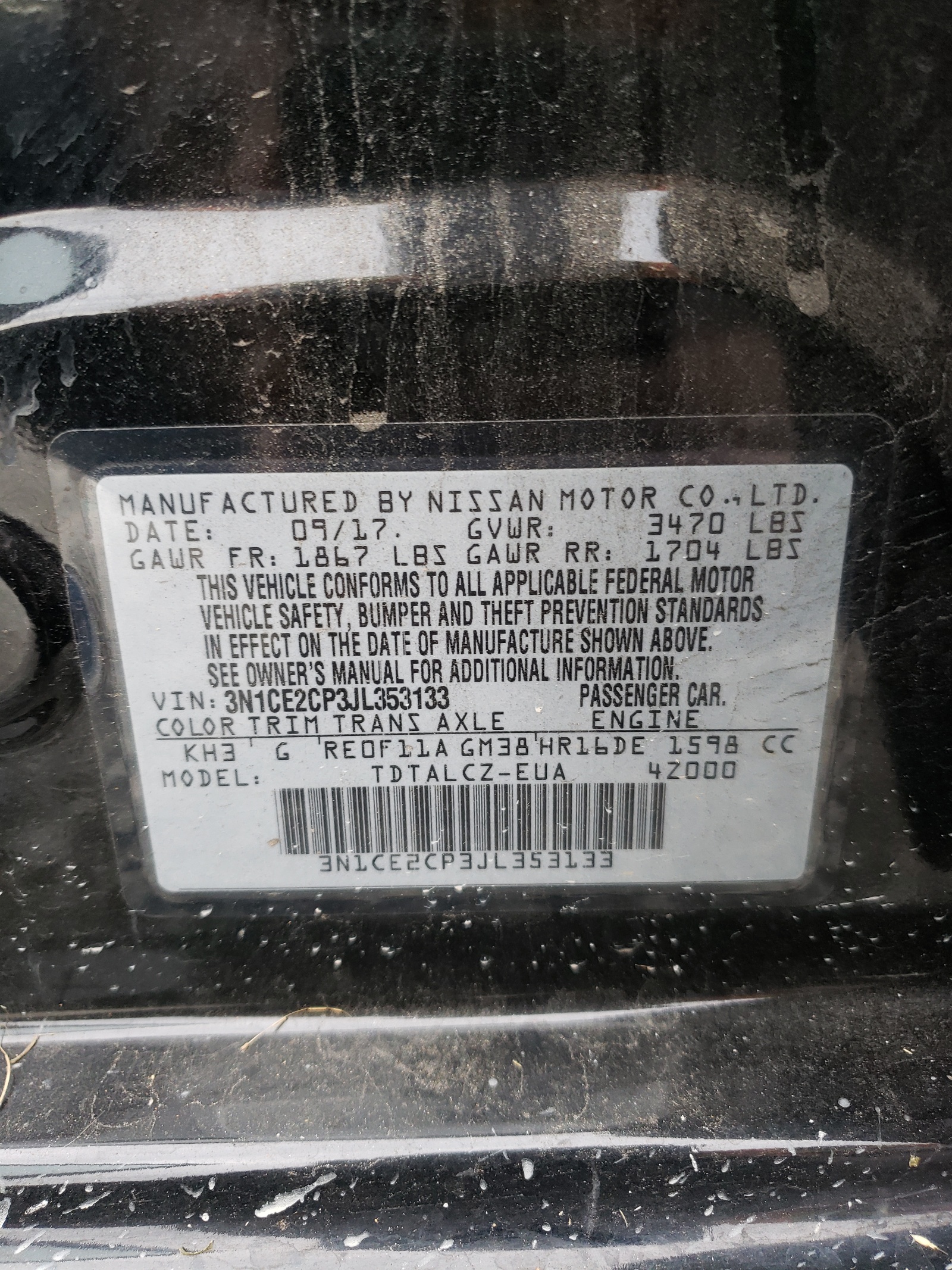 3N1CE2CP3JL353133 2018 Nissan Versa Note S