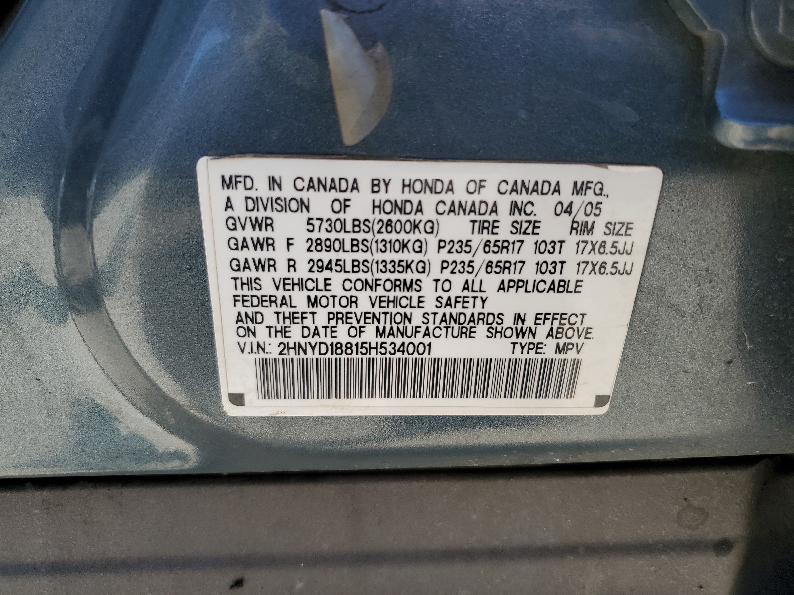 2HNYD18815H534001 2005 Acura Mdx Touring