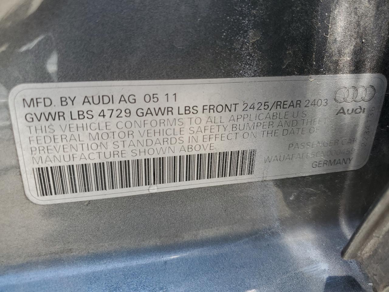 2012 Audi A4 Premium VIN: WAUAFAFL5CN000459 Lot: 60876074