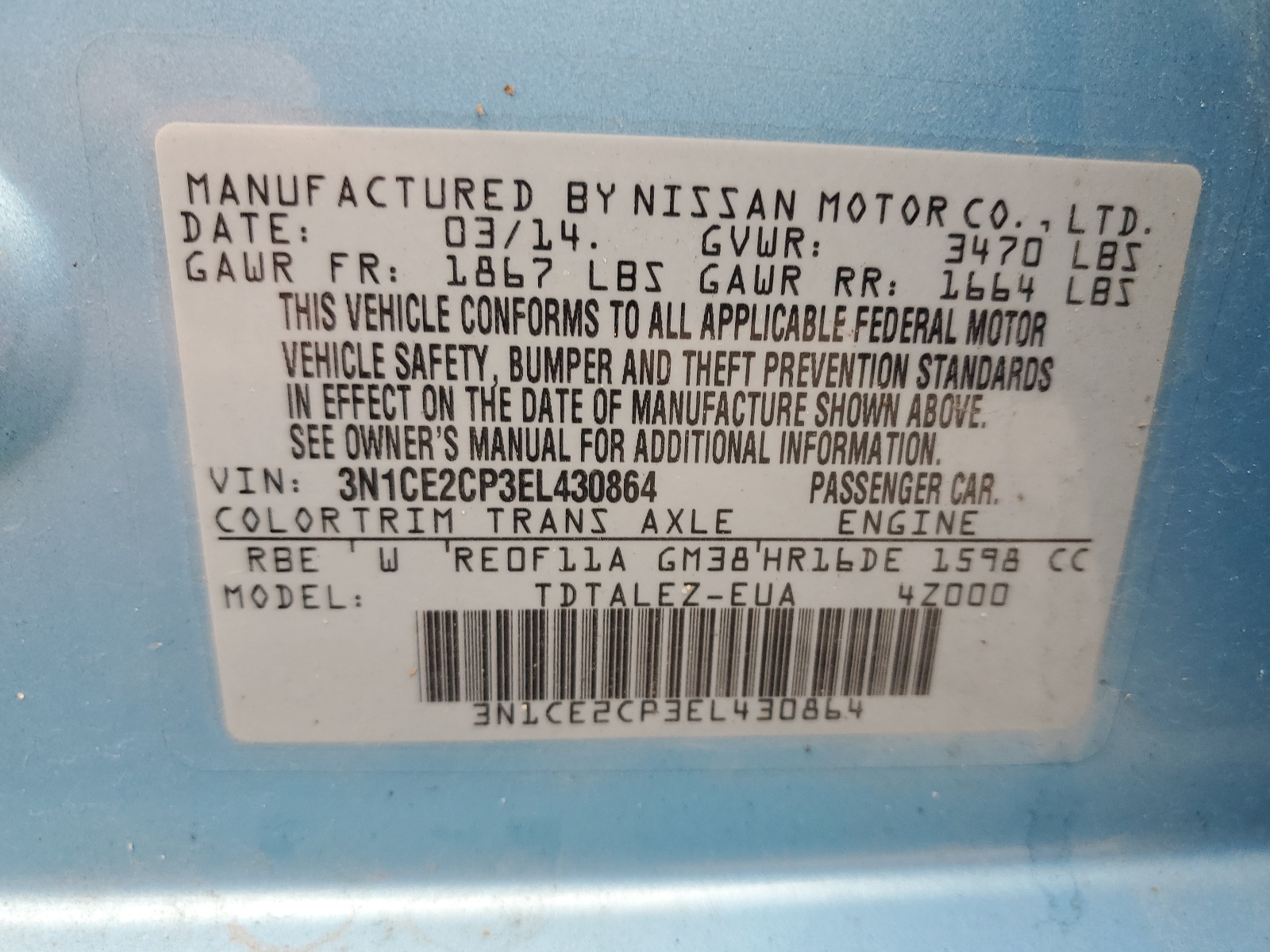 3N1CE2CP3EL430864 2014 Nissan Versa Note S