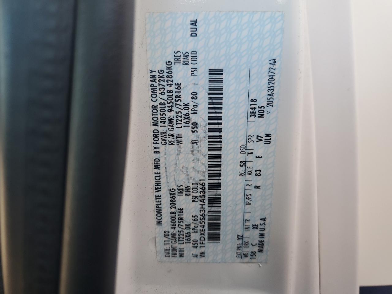 2003 Ford Econoline E450 Super Duty Cutaway Van VIN: 1FDXE45S63HA53661 Lot: 62520004