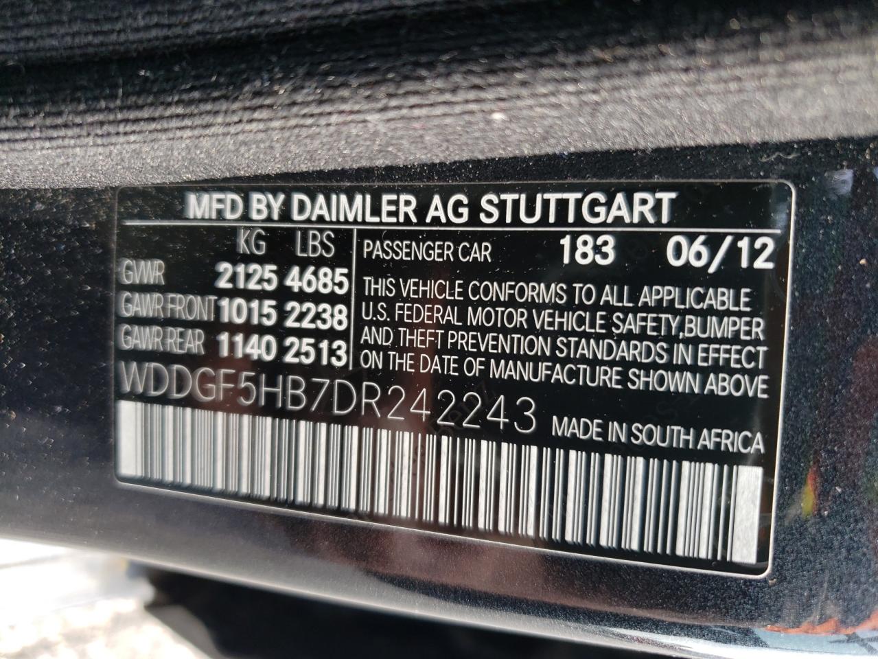 2013 Mercedes-Benz C 350 VIN: WDDGF5HB7DR242243 Lot: 65070614