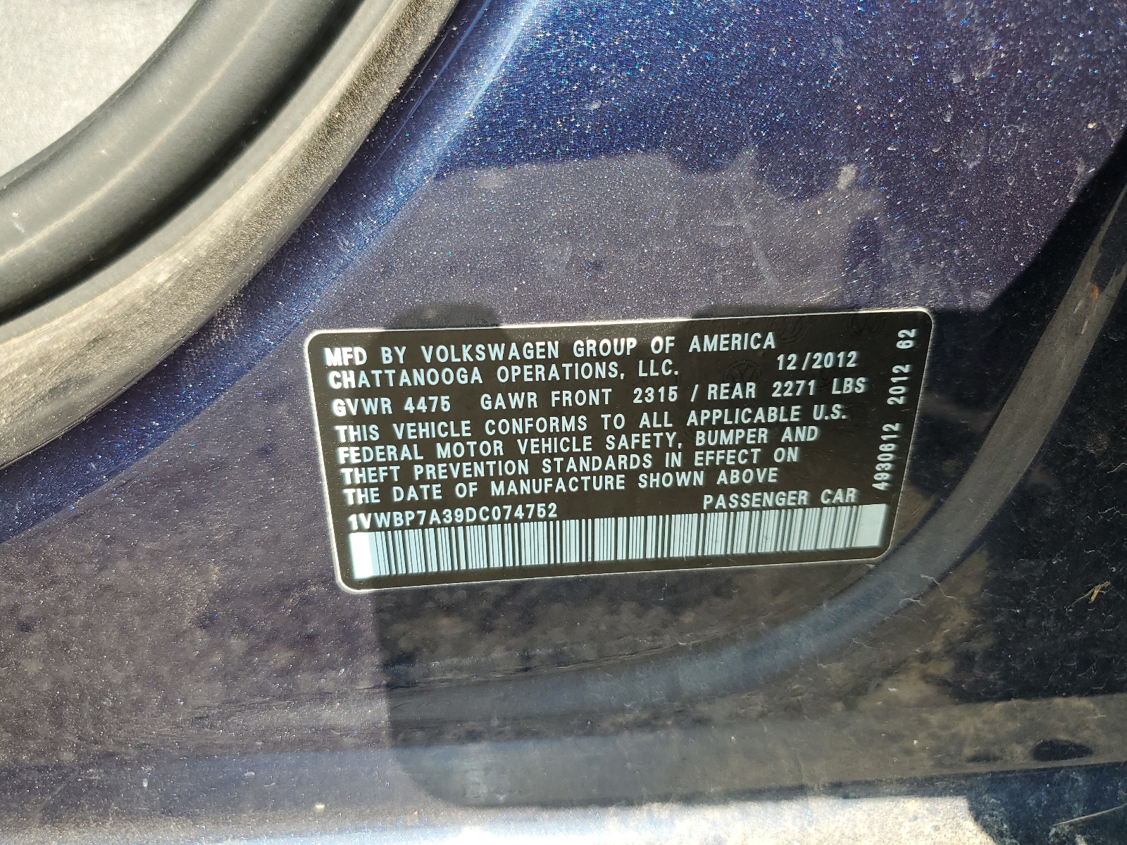 1VWBP7A39DC074752 2013 Volkswagen Passat Se