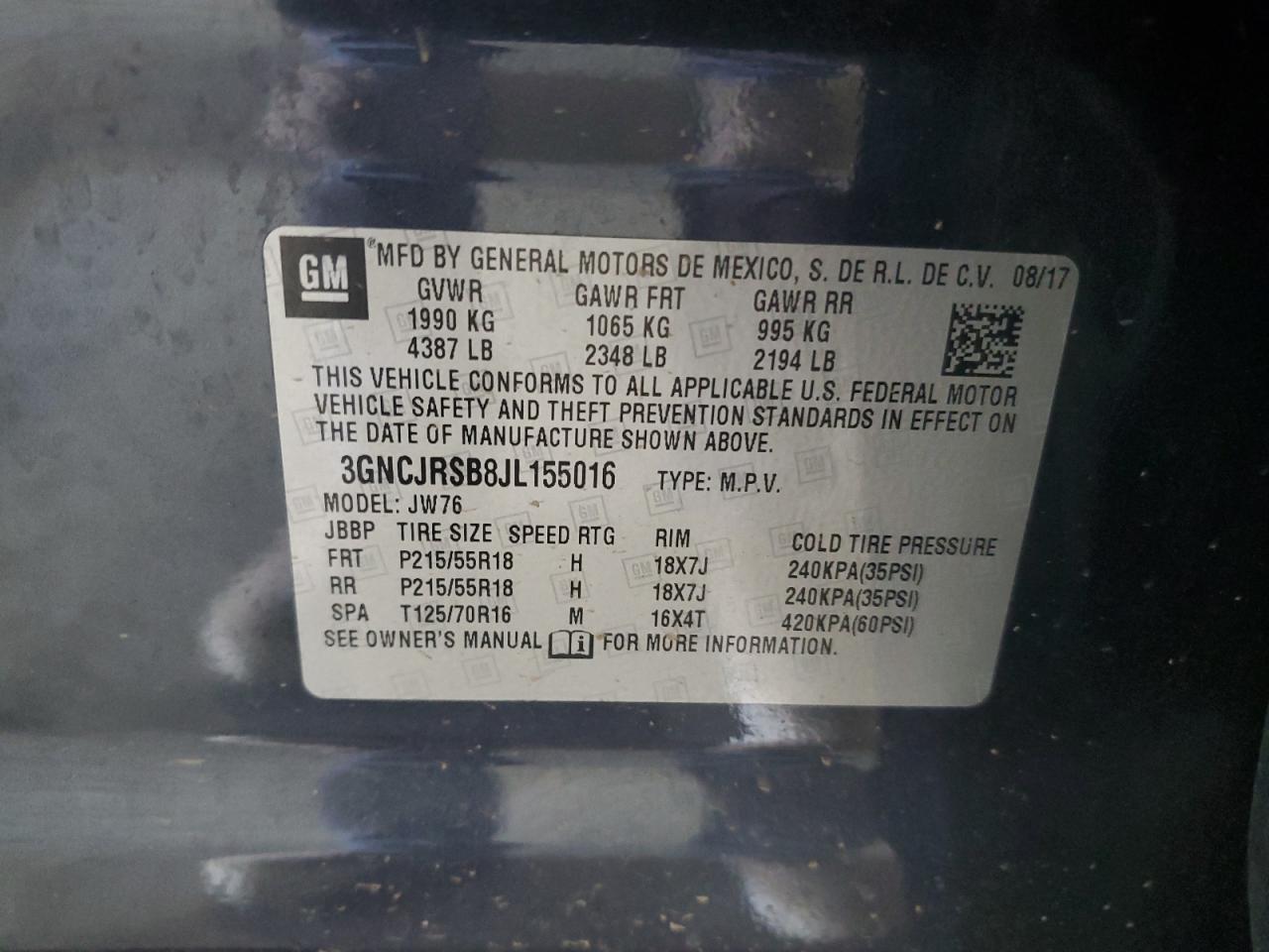 2018 Chevrolet Trax Premier VIN: 3GNCJRSB8JL155016 Lot: 63232634