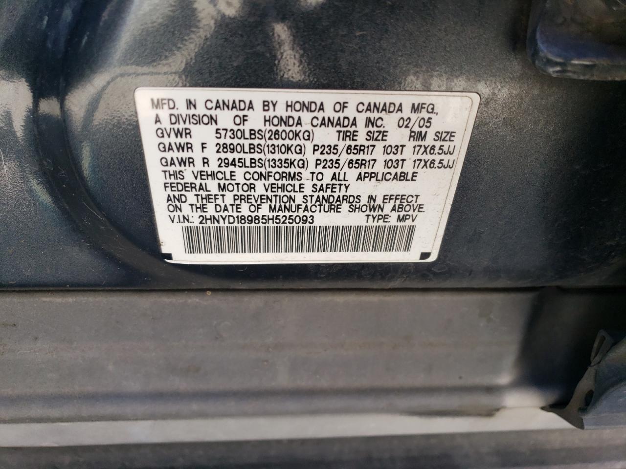 2005 Acura Mdx Touring VIN: 2HNYD18985H525093 Lot: 64500664