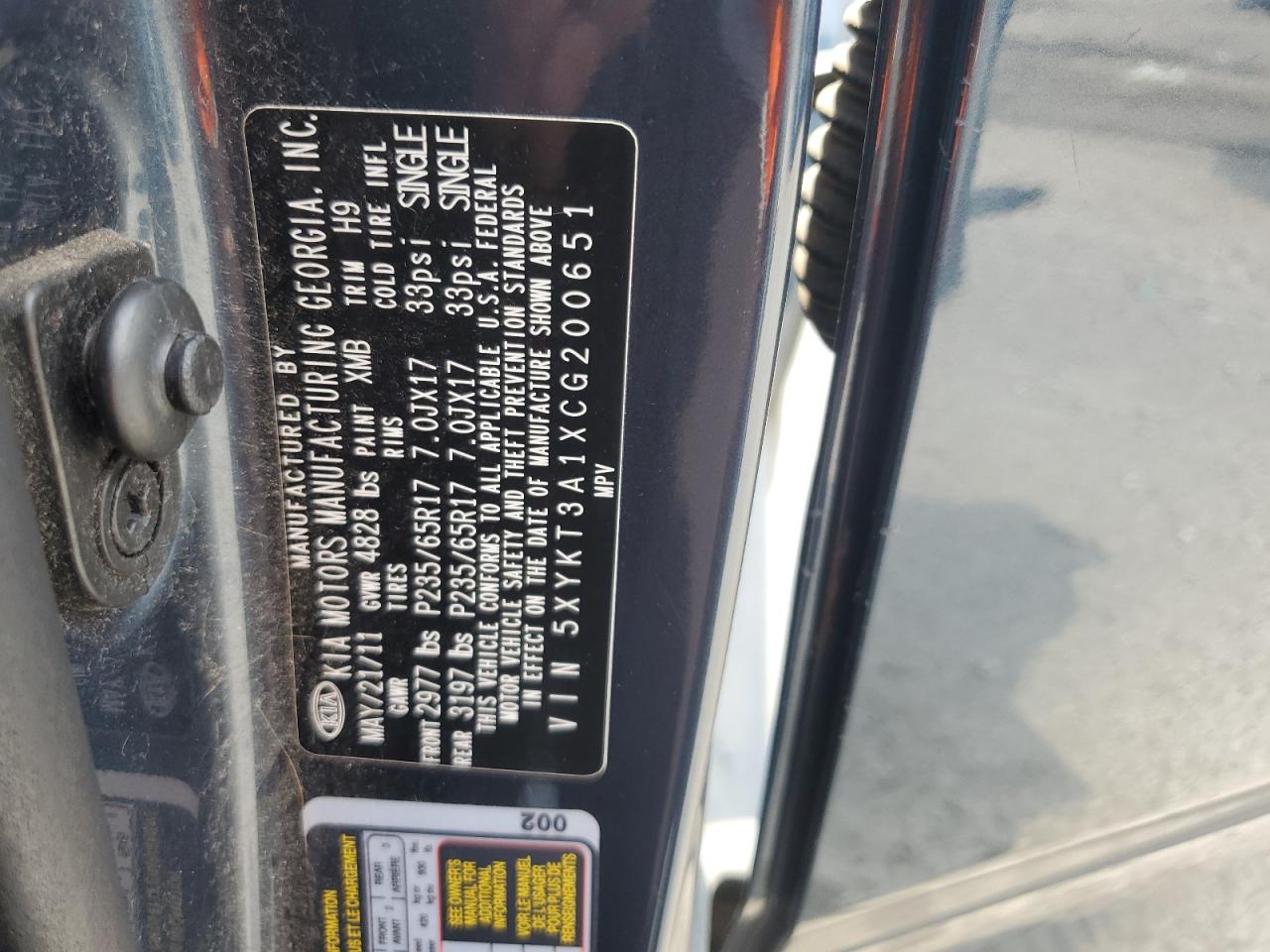 2012 Kia Sorento Base VIN: 5XYKT3A1XCG200651 Lot: 63524484