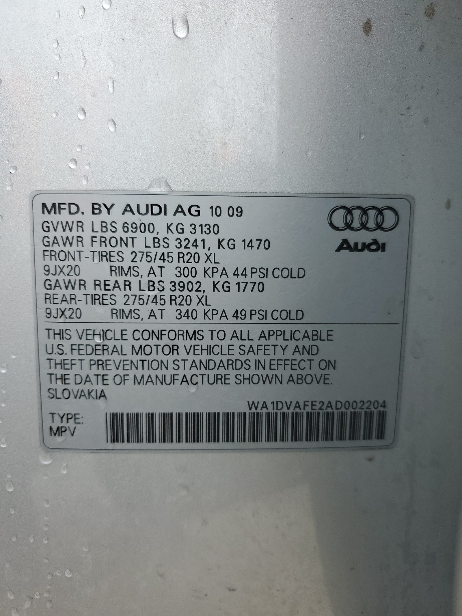 WA1DVAFE2AD002204 2010 Audi Q7 Prestige