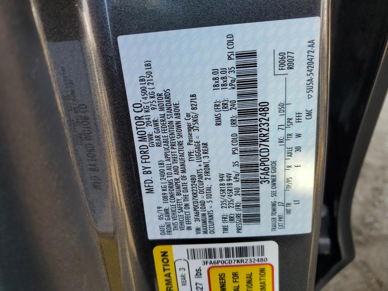 2019 Ford Fusion Sel VIN: 3FA6P0CD7KR232480 Lot: 63275374