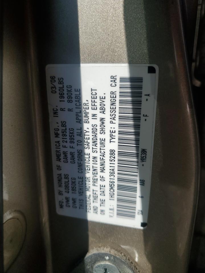 2006 Honda Accord Value VIN: 1HGCM56136A115288 Lot: 62518514