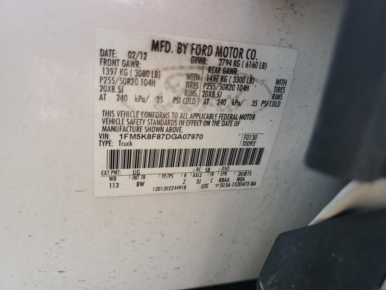 2013 Ford Explorer Limited VIN: 1FM5K8F87DGA07970 Lot: 61608654