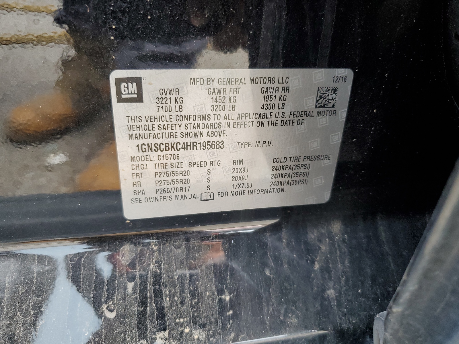 1GNSCBKC4HR195683 2017 Chevrolet Tahoe C1500 Lt