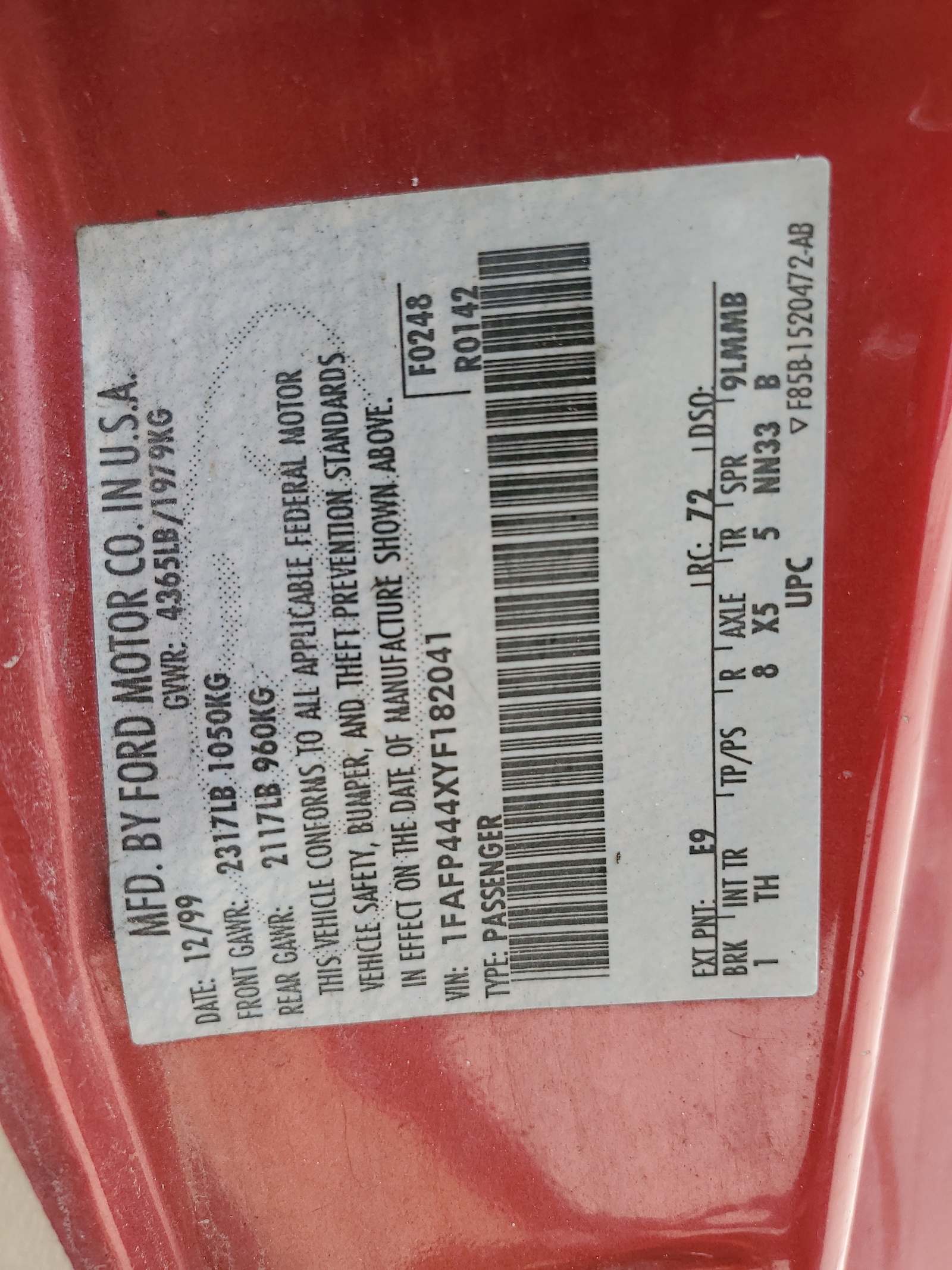 1FAFP444XYF182041 2000 Ford Mustang