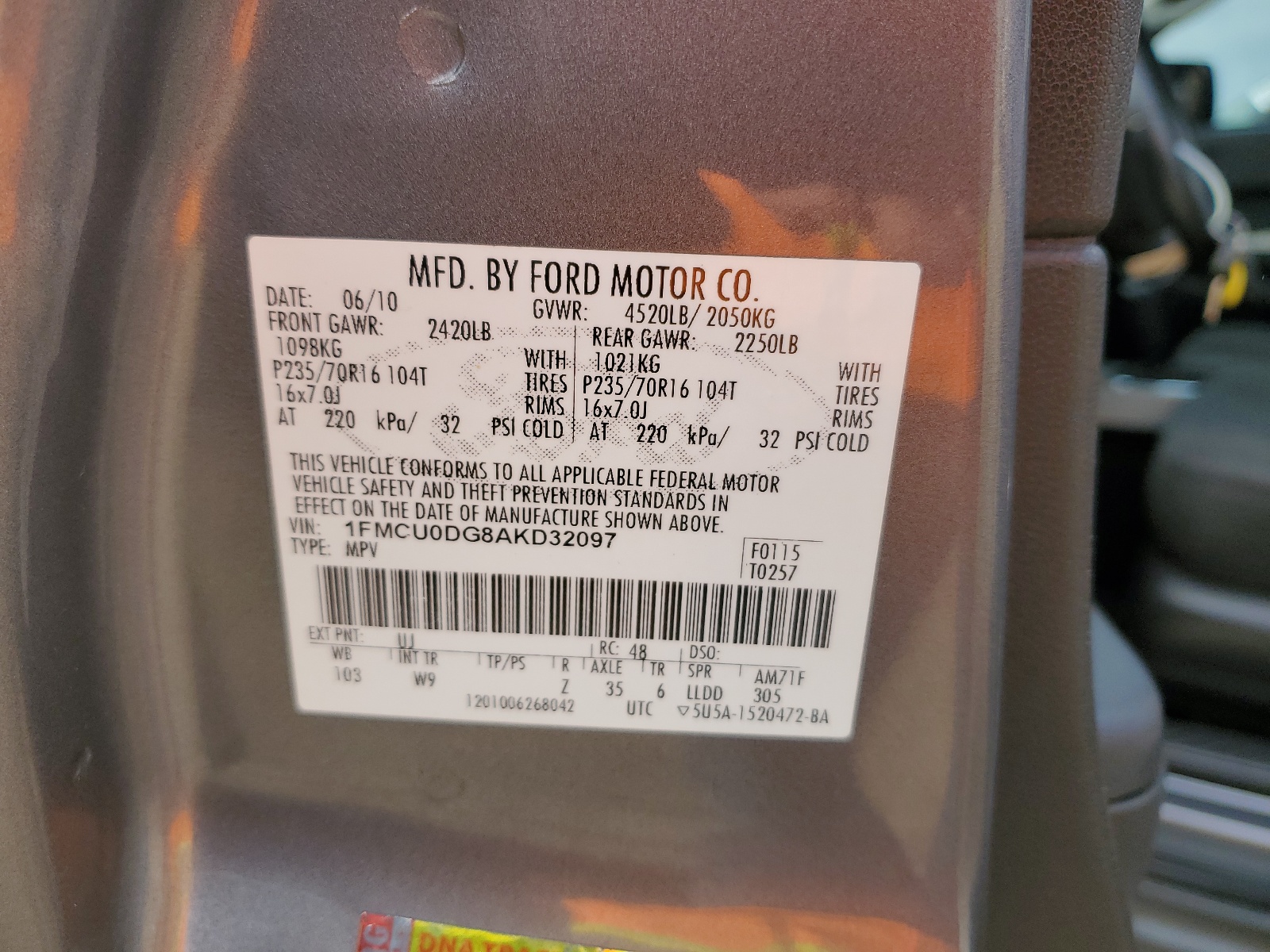 1FMCU0DG8AKD32097 2010 Ford Escape Xlt