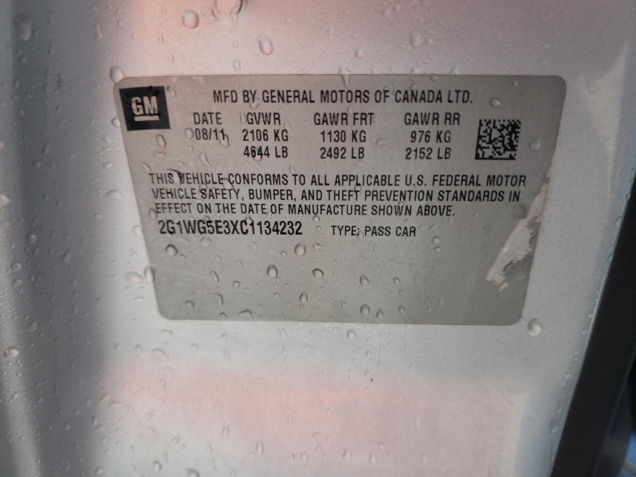 2012 Chevrolet Impala Lt VIN: 2G1WG5E3XC1134232 Lot: 62414944