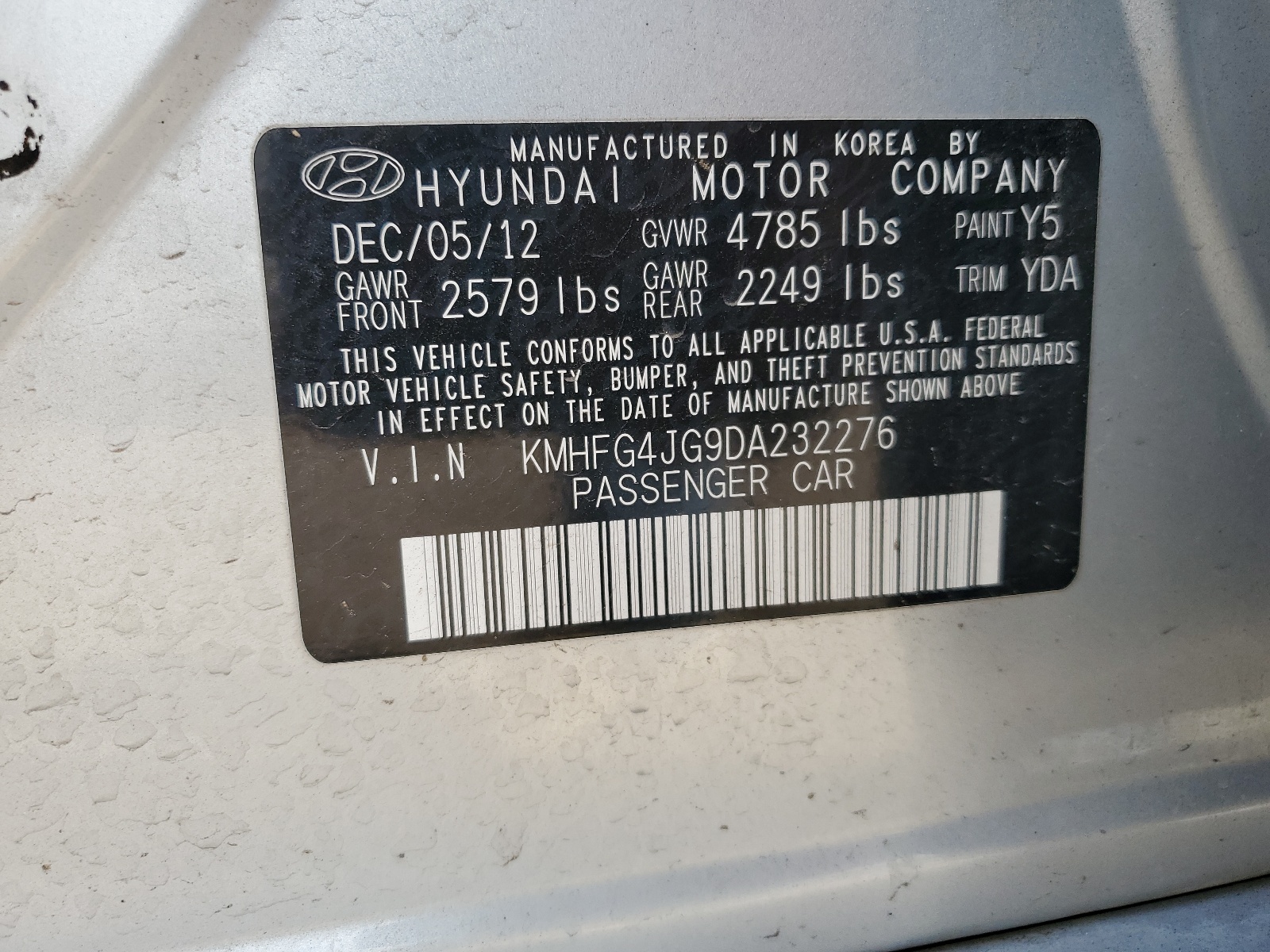 KMHFG4JG9DA232276 2013 Hyundai Azera