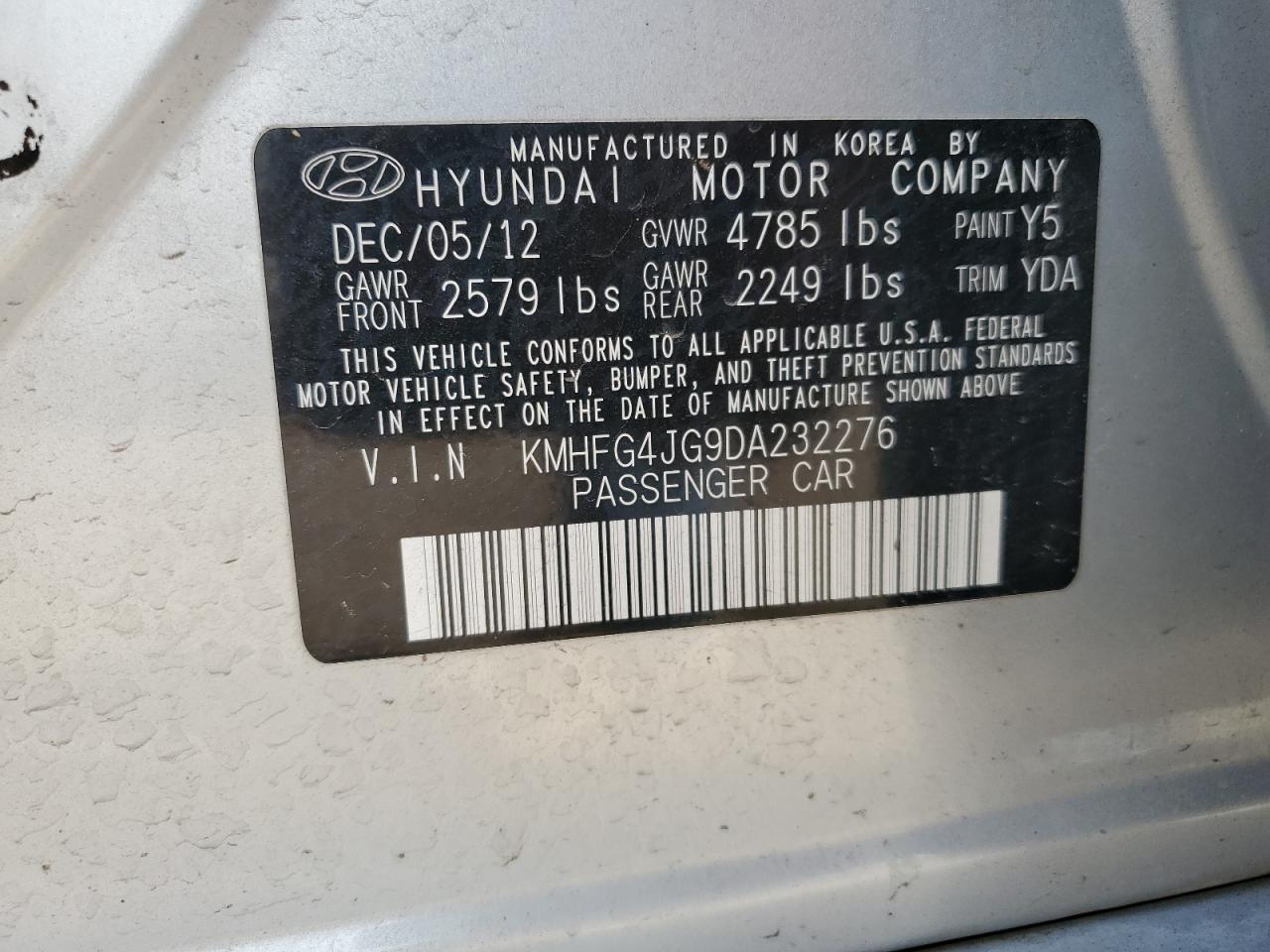 2013 Hyundai Azera VIN: KMHFG4JG9DA232276 Lot: 64503794