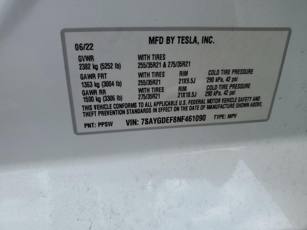 2022 Tesla Model Y VIN: 7SAYGDEF8NF461090 Lot: 63825054