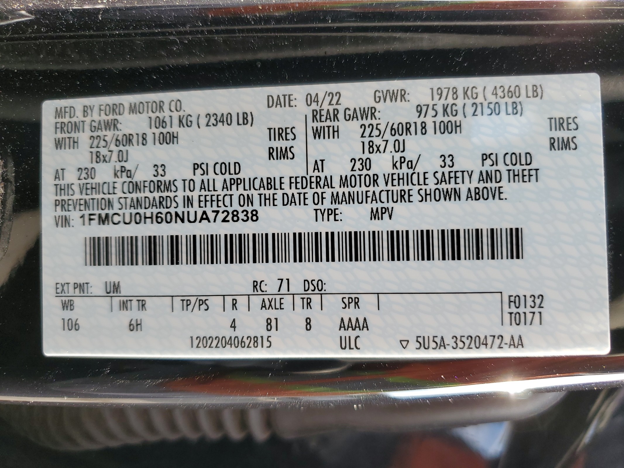 1FMCU0H60NUA72838 2022 Ford Escape Sel