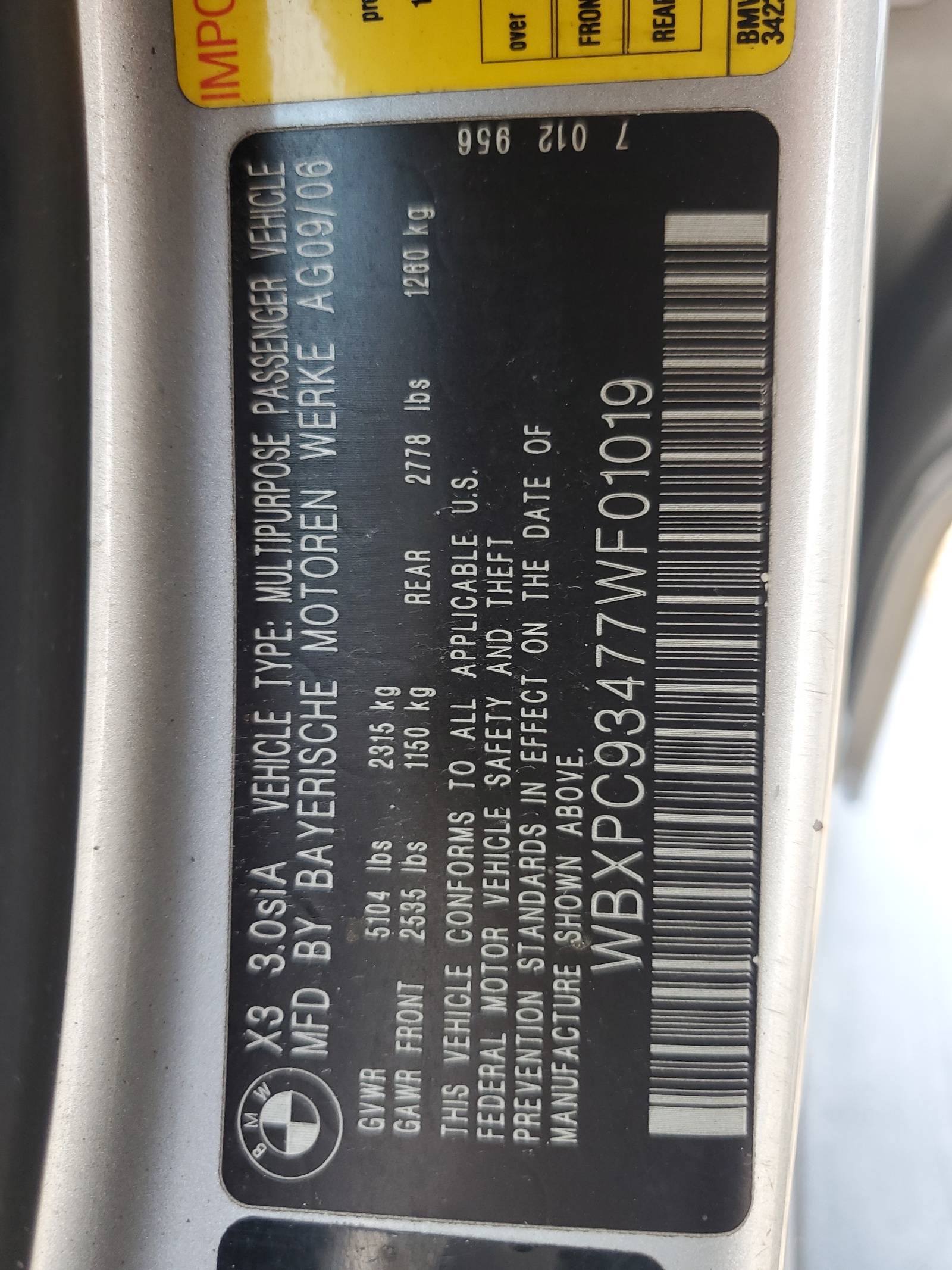 WBXPC93477WF01019 2007 BMW X3 3.0Si