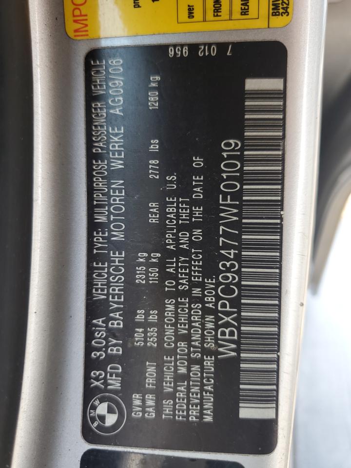 2007 BMW X3 3.0Si VIN: WBXPC93477WF01019 Lot: 63107344