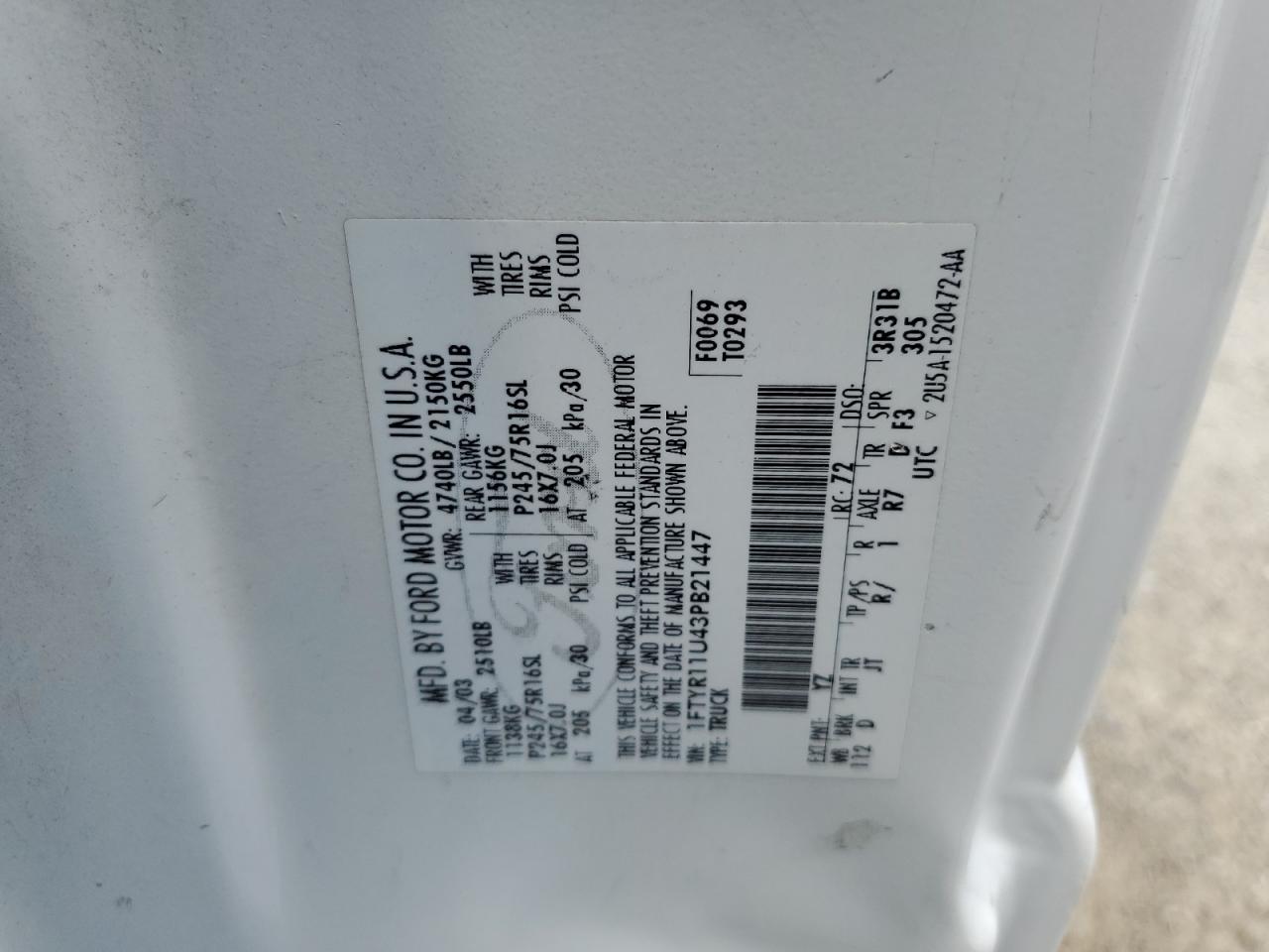 2003 Ford Ranger VIN: 1FTYR11U43PB21447 Lot: 63212614